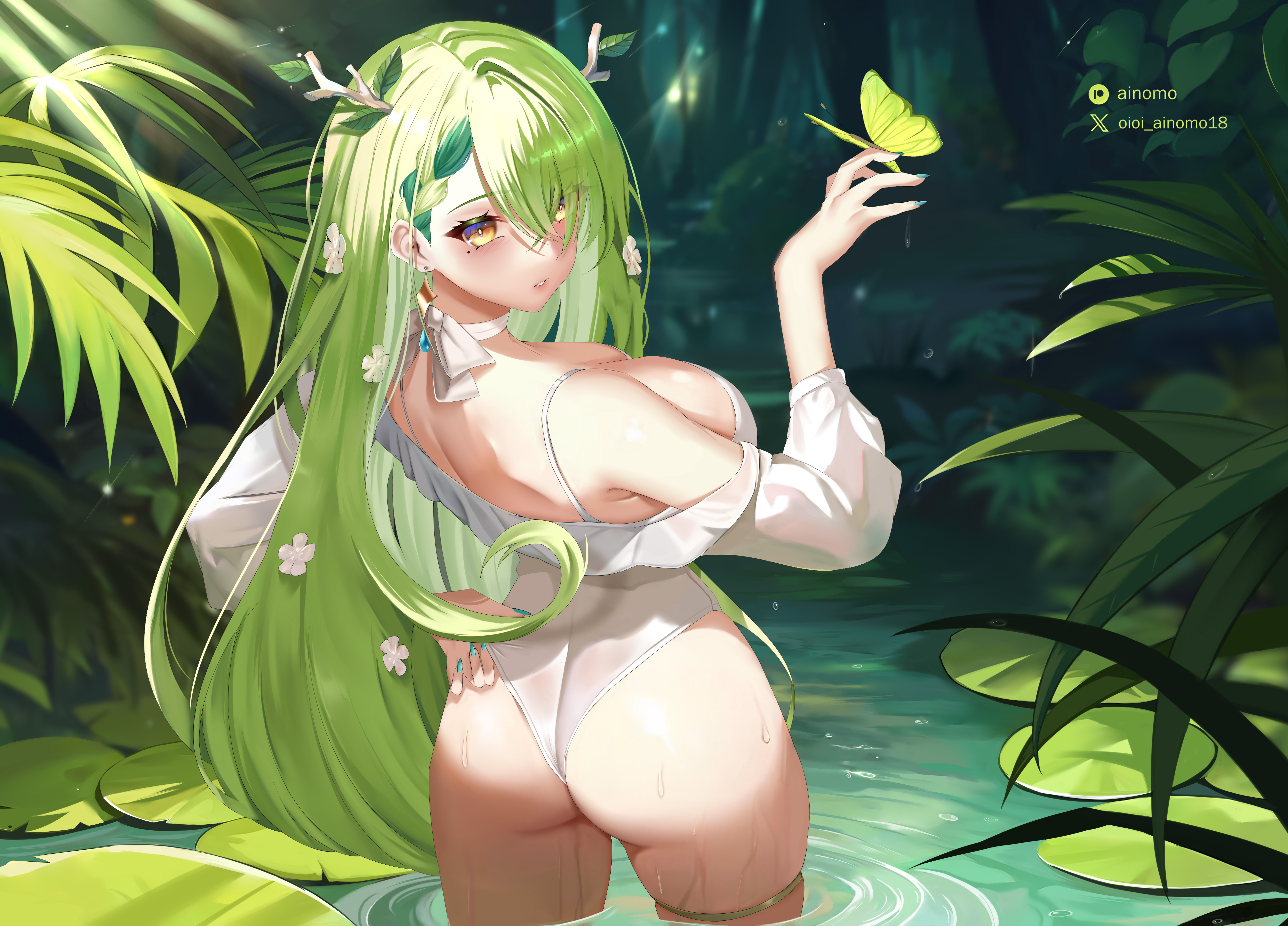Anime 5181x3726 Hololive Ceres Fauna Virtual Youtuber long hair looking back yellow eyes mole under eye green hair one-piece swimsuit moles white swimsuit cleavage huge breasts swimwear looking at viewer braids sideboob flower in hair long sleeves parted lips sunlight depth of field thick ass rear view nenuphar one arm up wet body Oioi Ainomo blushing water standing in water butterfly women outdoors watermarked thigh strap ass leaves forest wet antlers plants