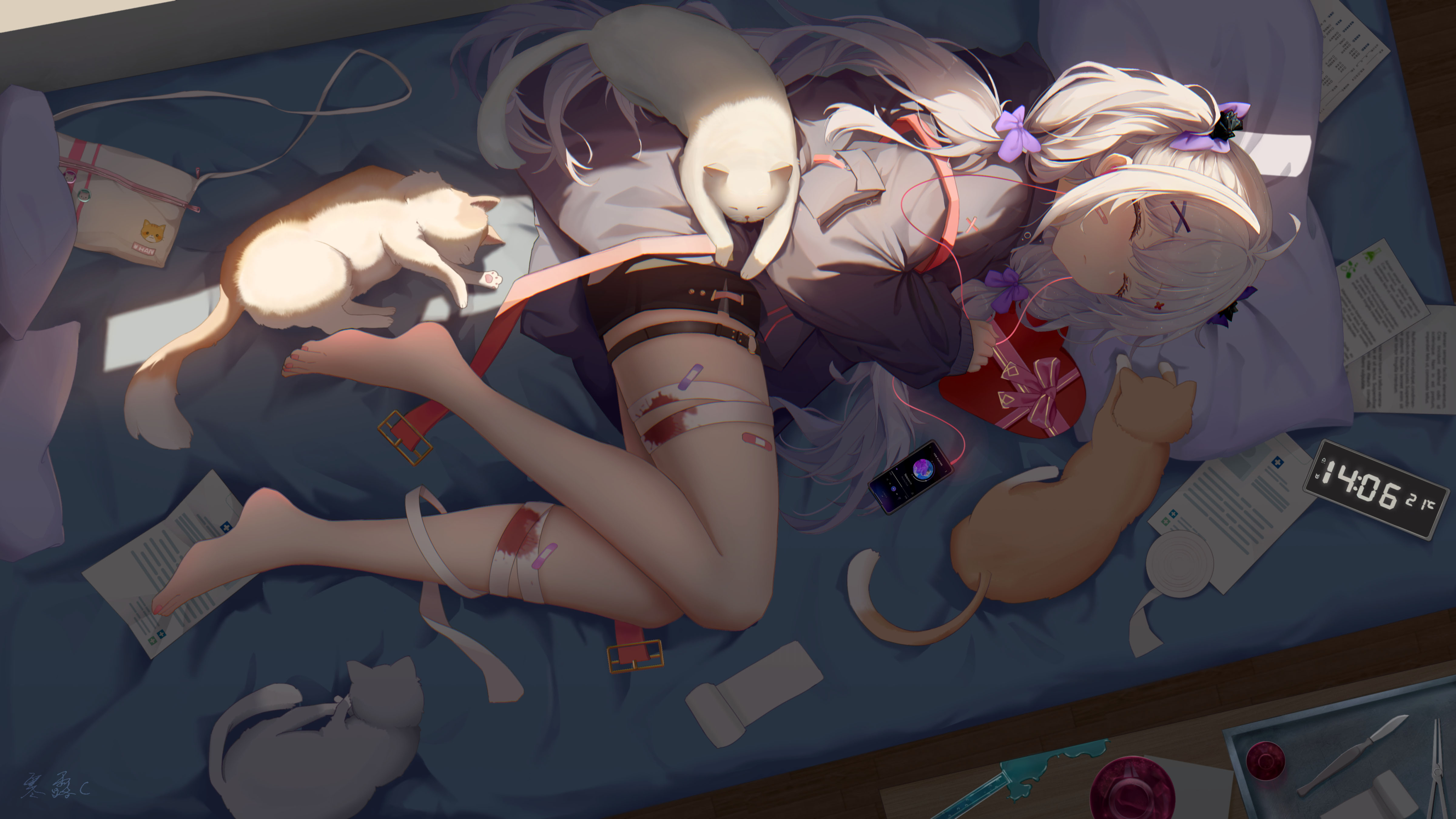 Anime 4800x2700 anime bed cats bandages blood smartphone sleeping lying on side white hair long hair handbags paper presents hair bows