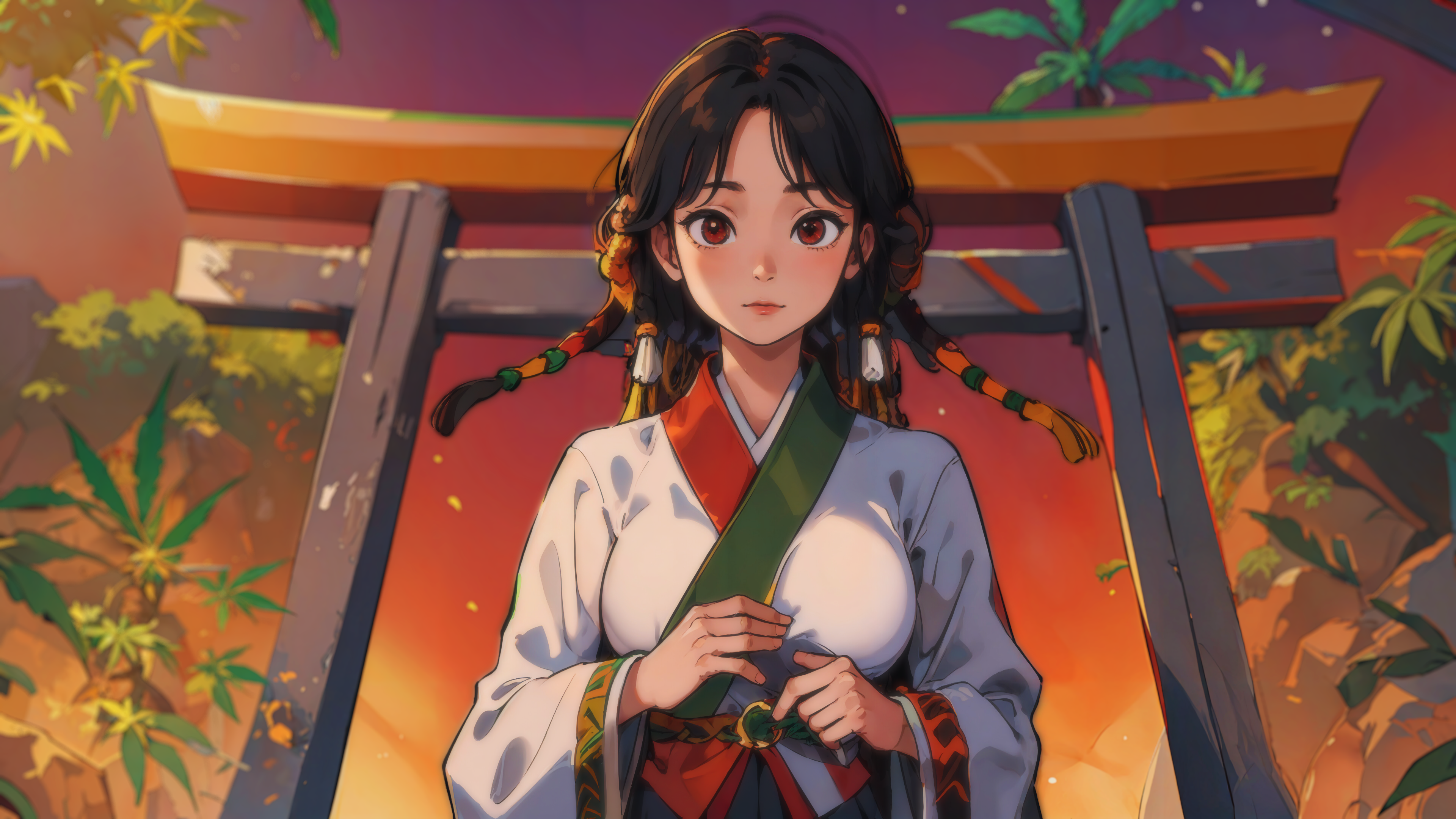 Anime 3840x2160 anime girls AI art traditional clothing sky looking at viewer torii long sleeves wide sleeves closed mouth long hair leaves frontal view brunette red eyes