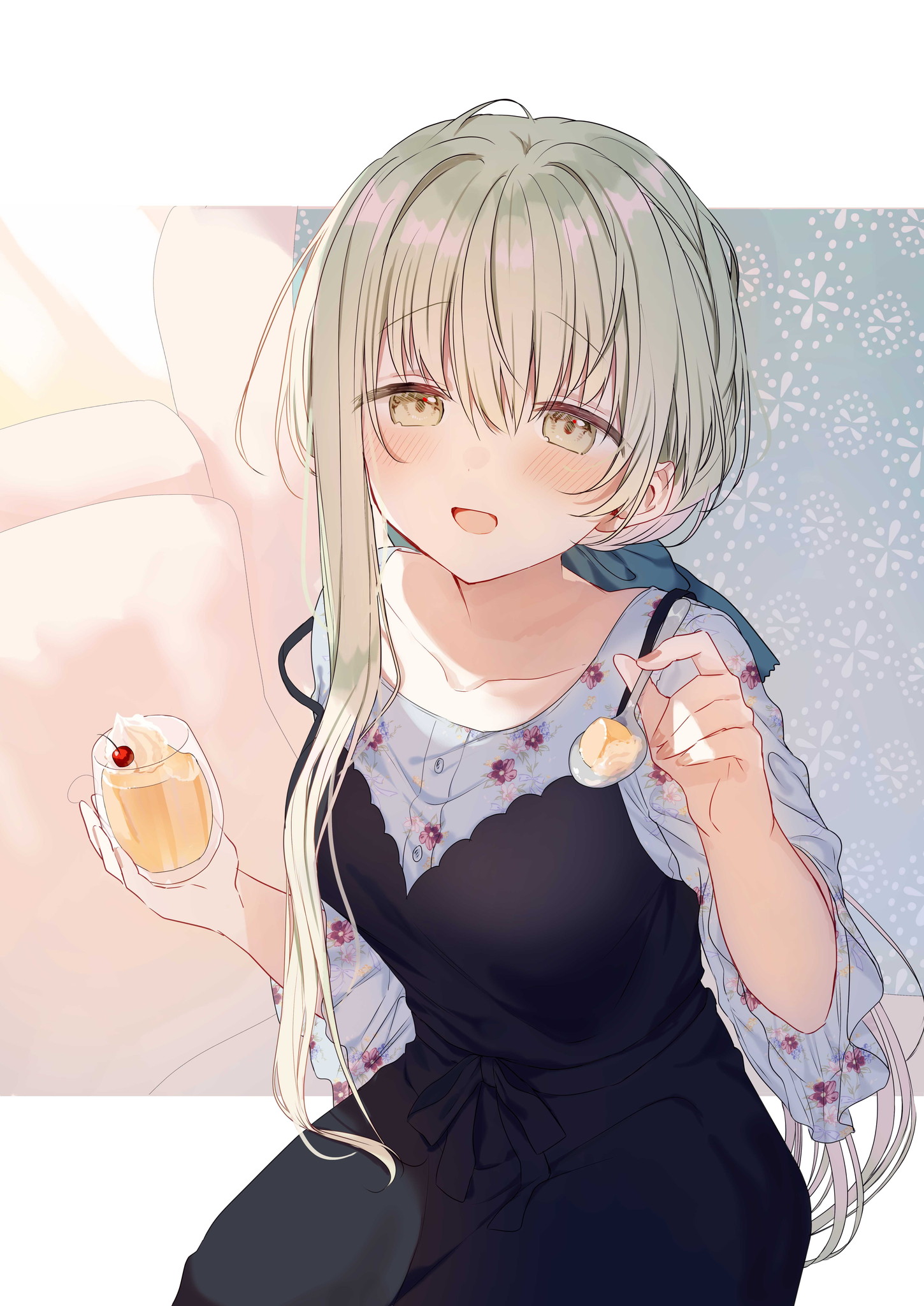 Anime 1450x2048 anime anime girls TEIGI_3 green hair original characters spoon longuette glass hair between eyes food collarbone long hair open mouth blushing looking at viewer floral bright portrait display cherries whipped cream