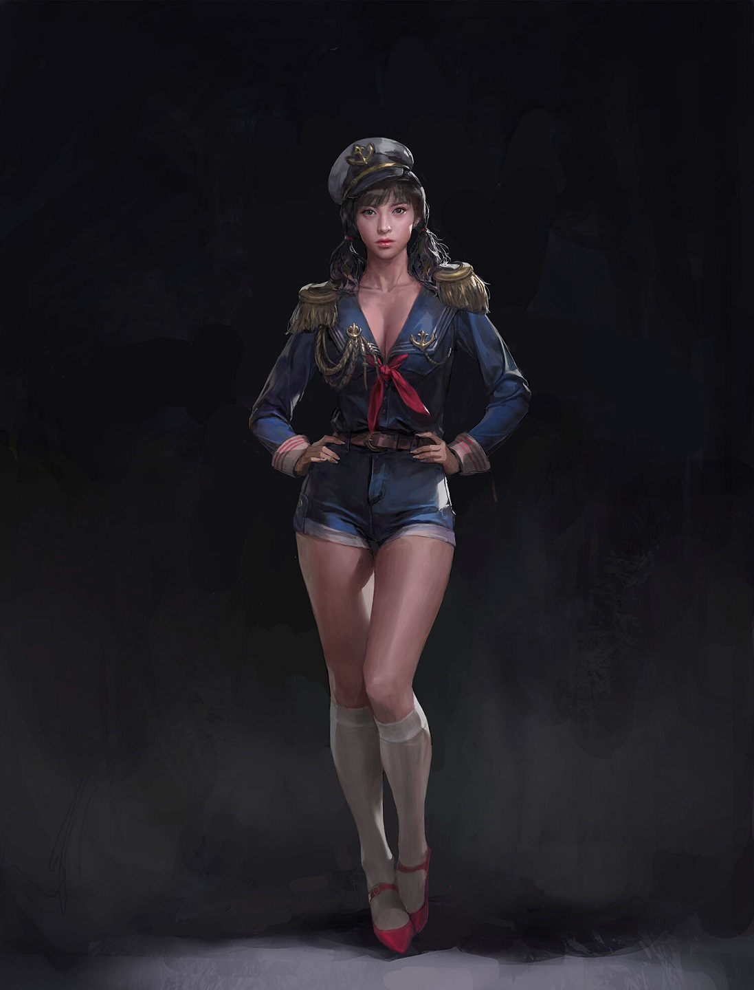 General 1097x1440 Kim Ssang drawing hands on hips women socks simple background portrait display digital art captain  looking at viewer collarbone standing long sleeves long hair epaulettes shorts knee high socks legs frontal view cleavage twintails closed mouth neckerchief Asian uniform white socks hat women with hats belt skinny