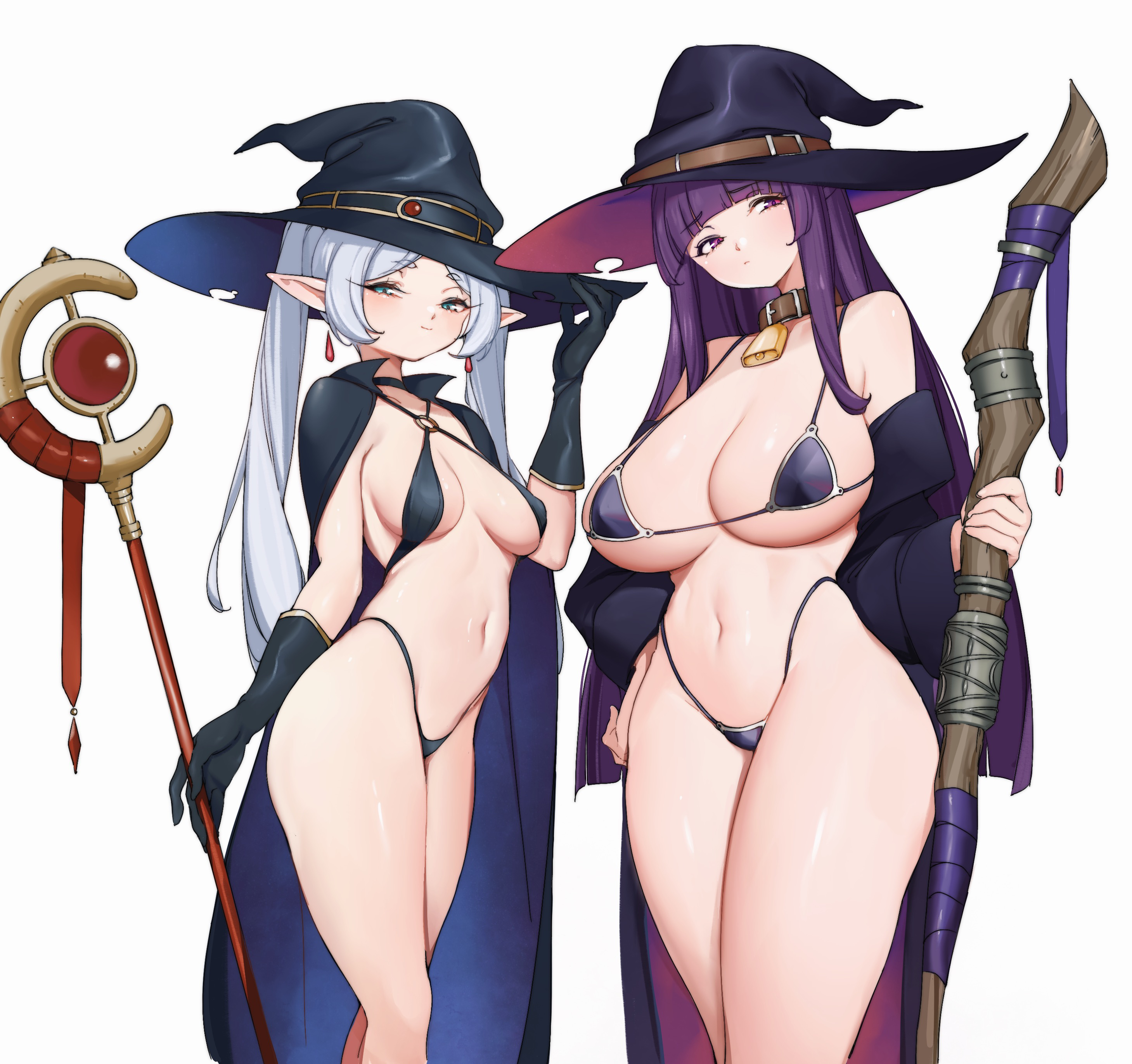 Anime 2918x2743 Sousou No Frieren bikini two women anime girls looking at viewer cowbell huge breasts small boobs white background staff simple background elves Fern (Sousou No Frieren) Frieren hands on hips long sleeves open clothes one arm up black gloves green eyes purple eyes blunt bangs swimwear black bikinis Lamsass white hair purple hair black swimsuit thighs standing bare shoulders cape witch hat hat collar choker