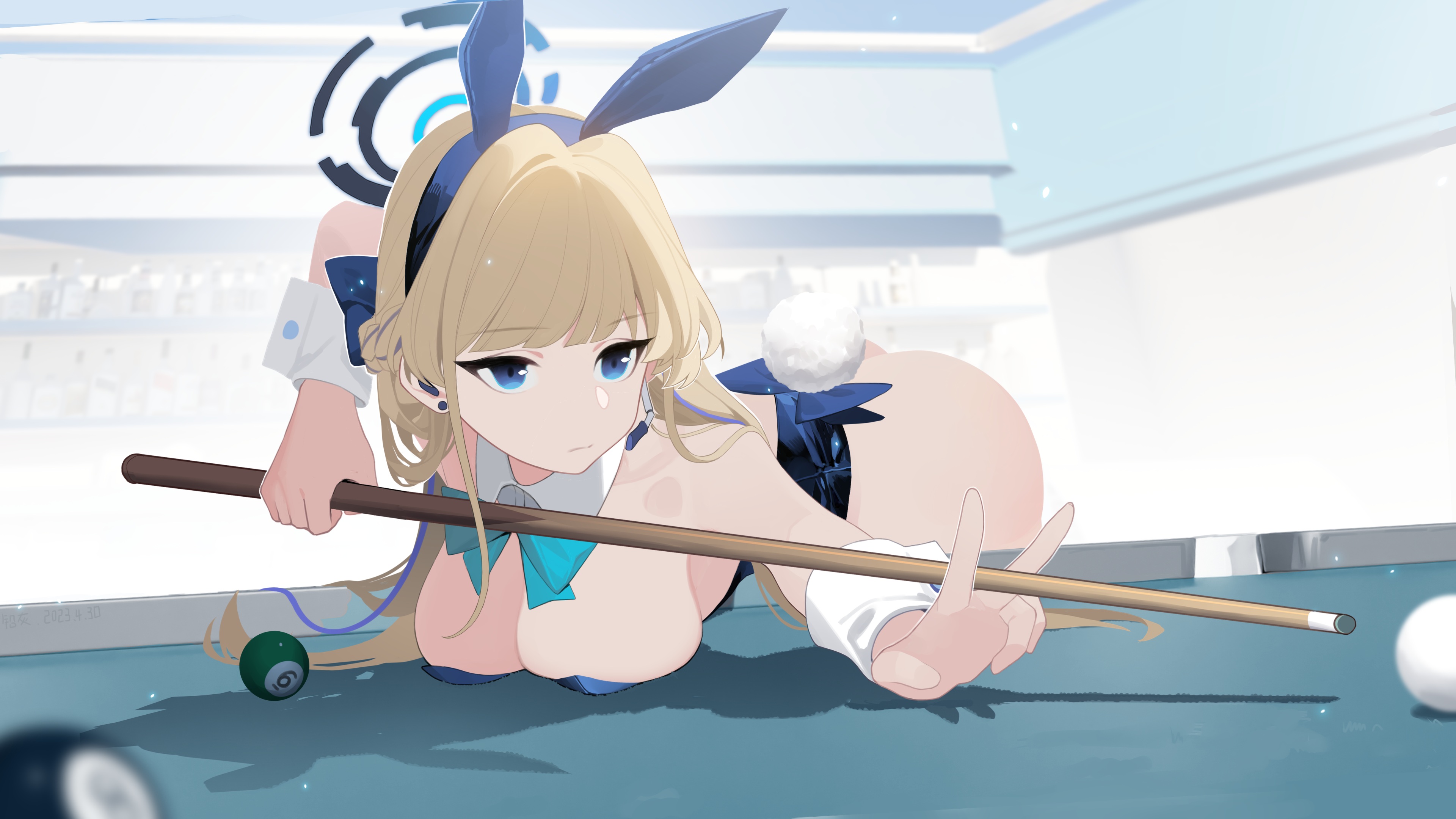 Anime 3840x2160 anime anime girls big boobs bent over Asuma Toki (Blue Archive) Blue Archive qianhui looking away long hair blonde pool table blue eyes blue bow bow tie bunny suit bunny ears bunny tail closed mouth leotard blue leotard ball wrist cuffs cleavage pressed boobs numbers bright boobs on table