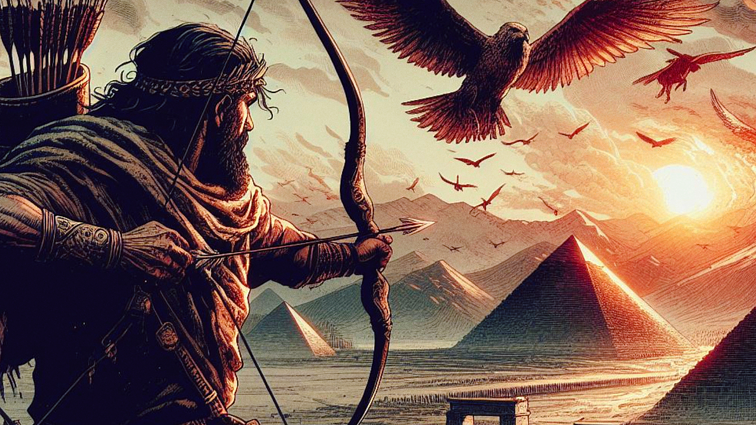General 1536x864 art installation desert book characters Holy Bible Saga Aesthetics of Hate (ULTRAKILL) Desert Eagle book cover pyramid natural light bow and arrow animals birds clouds sky sunset sunset glow