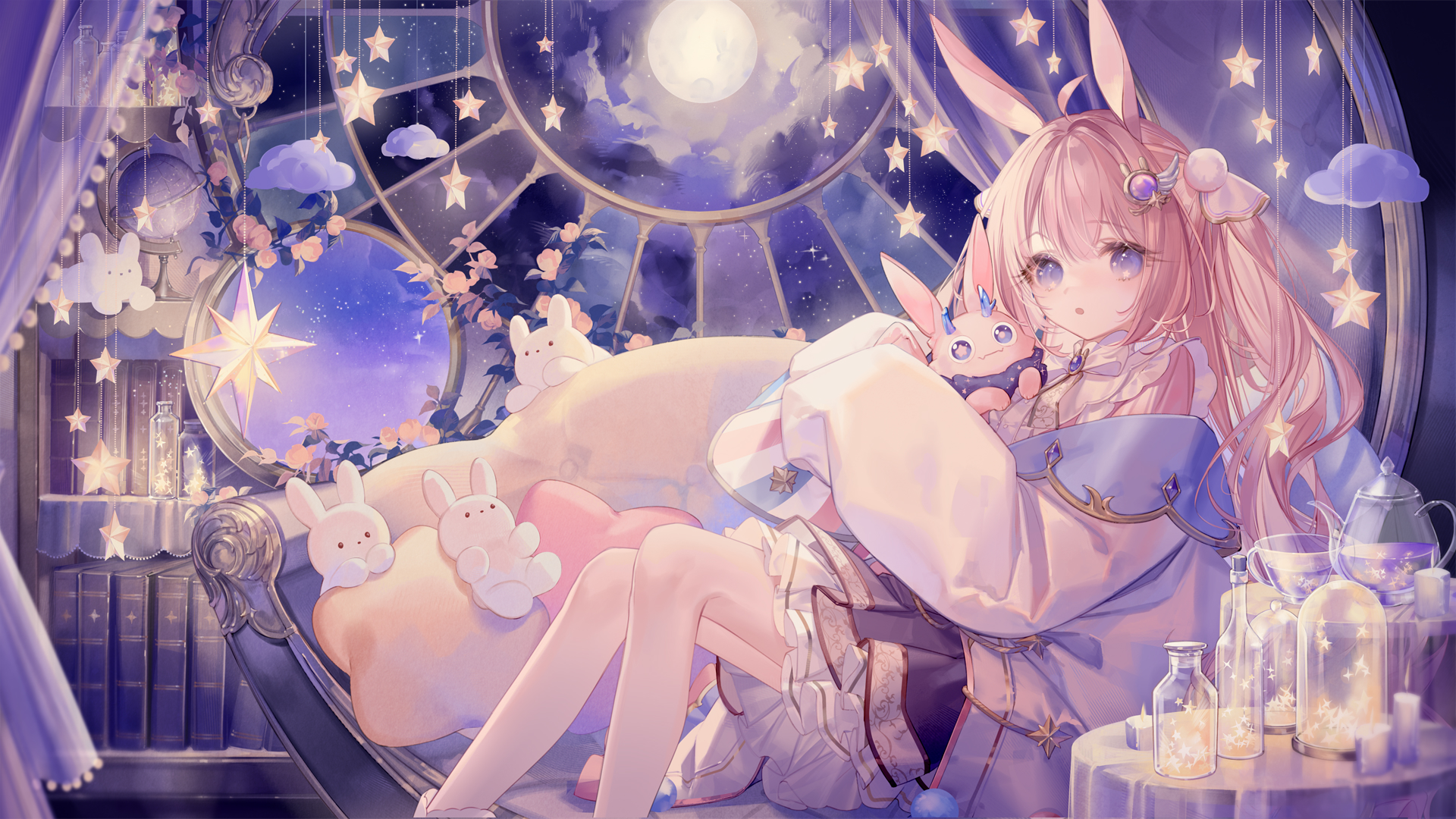 Anime 1920x1080 Pixiv anime plush toy anime girls illustration digital art Yoggi looking at viewer hair between eyes stars open mouth long hair bent legs long sleeves couch Moon sky clouds candles fire drink dress frills bunny ears bunny girl pink hair blue eyes leaves flowers books