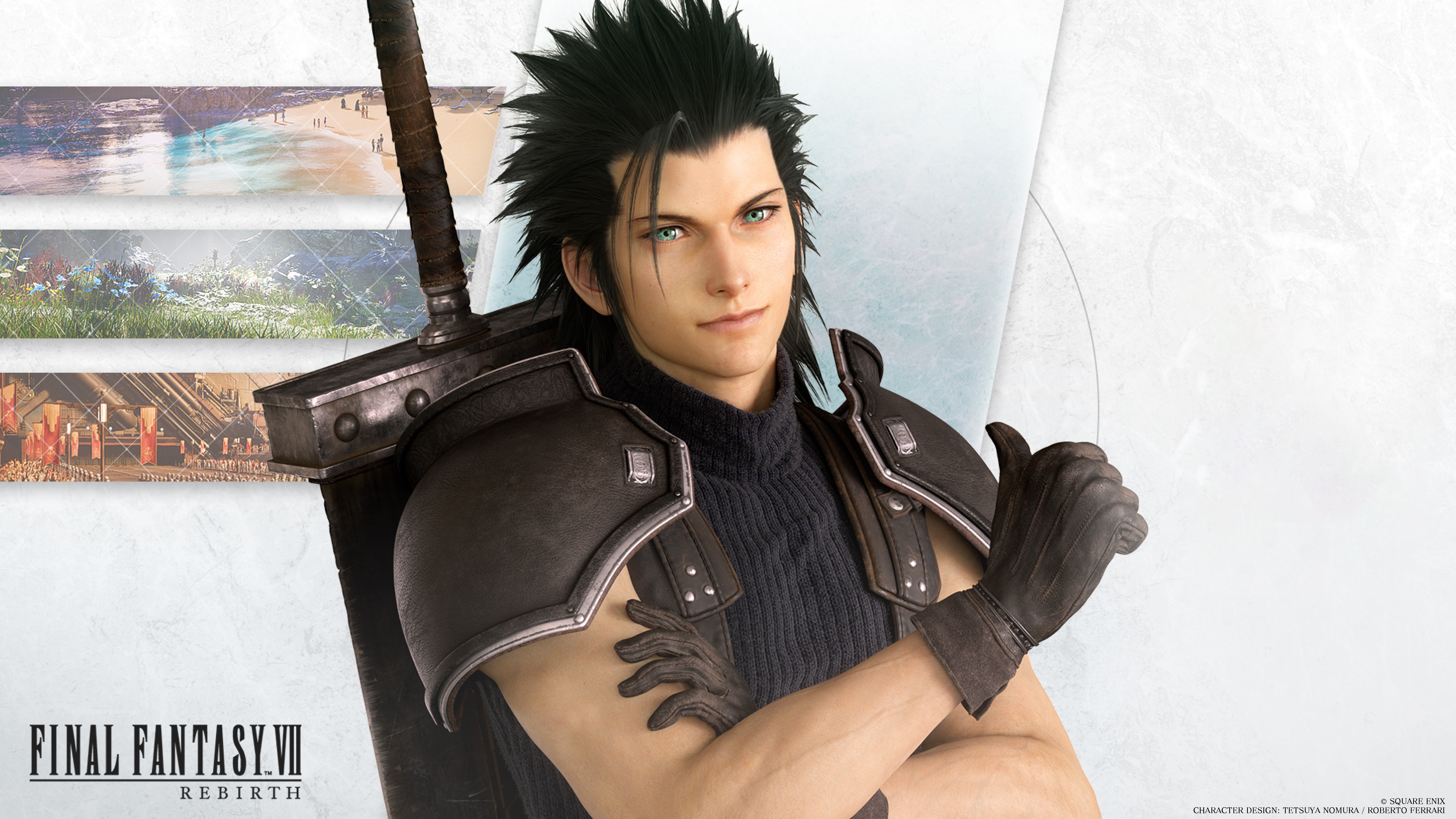 General 3840x2160 Zack Fair Final Fantasy VII video game men dark hair Final Fantasy VII: Rebirth Square Enix buster sword video game characters CGI white background smiling sword men with swords video games gloves simple background title closed mouth blue eyes watermarked short hair