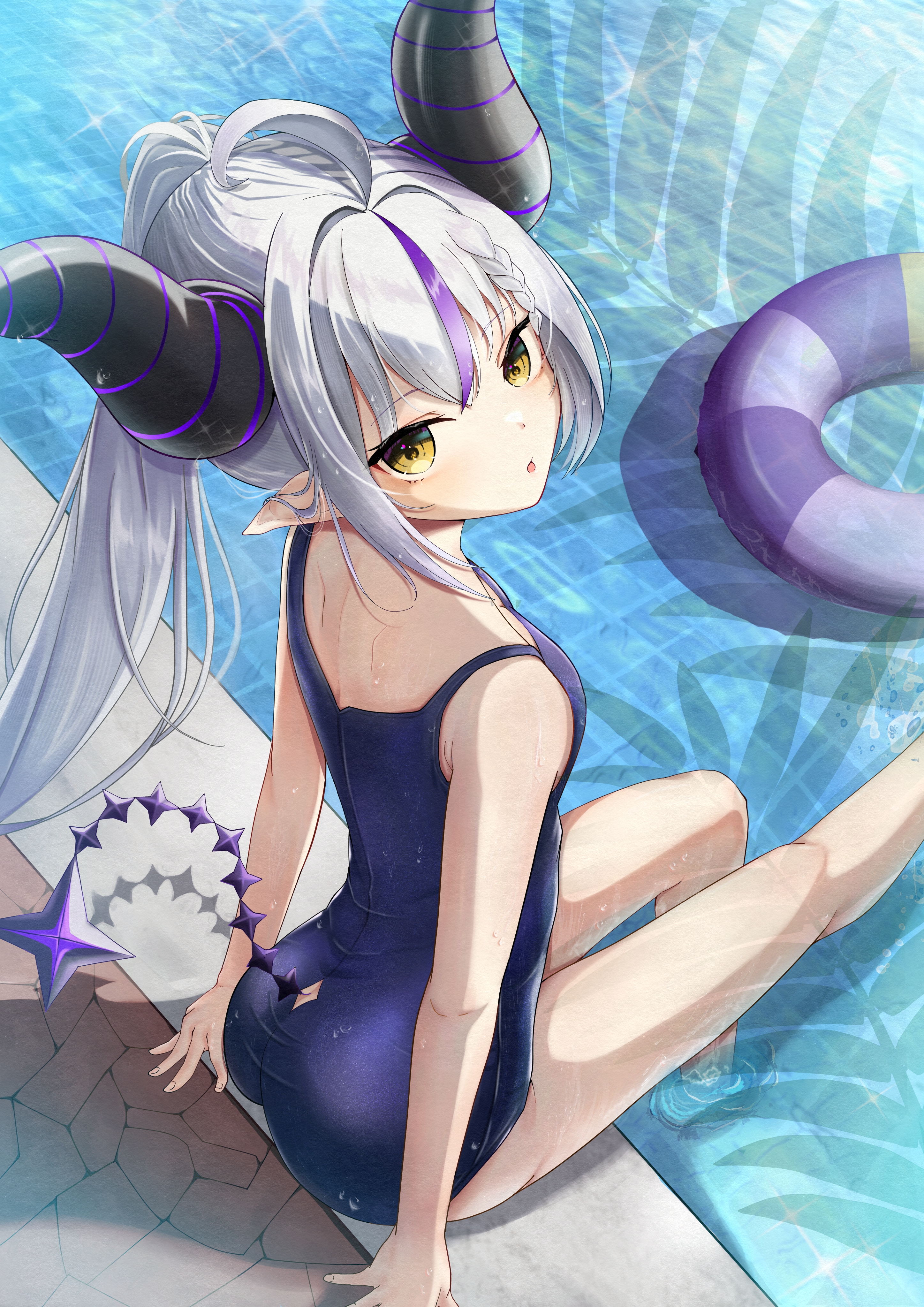 Anime 2894x4093 swimwear school swimsuits swimming pool Hololive fan art portrait display long hair yellow eyes Laplus Darknesss anime Virtual Youtuber sitting demon horns anime girls hair between eyes water looking at viewer skinny one-piece swimsuit floater pointy ears sunlight sparkles looking back ass two tone hair ahoge open mouth