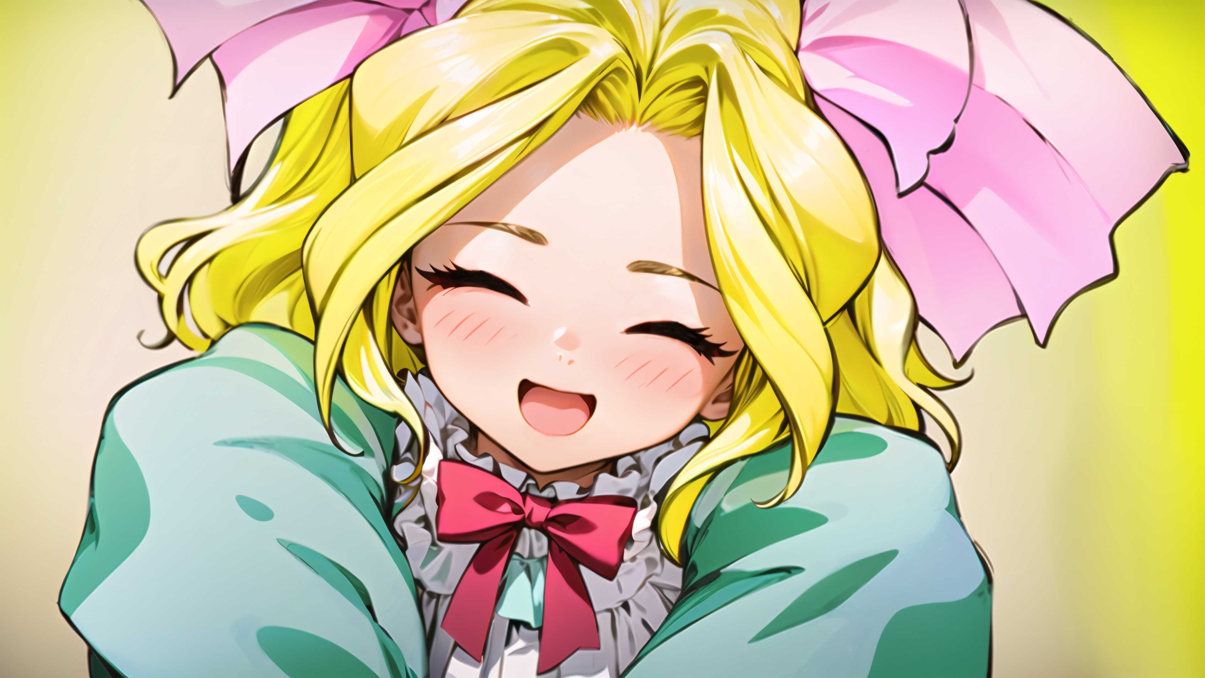 Anime 3840x2160 AI art Sakura Wars Iris Chateaubriand pink ribbon bow tie smiling anime games blonde green dress anime girls