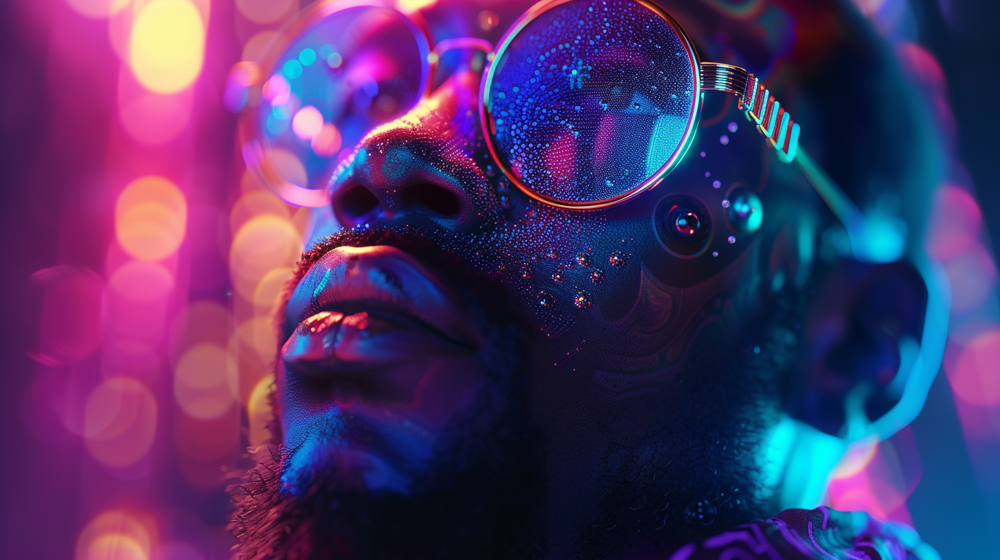 General 1456x816 AI art black men closeup glasses beard purple background funk rock