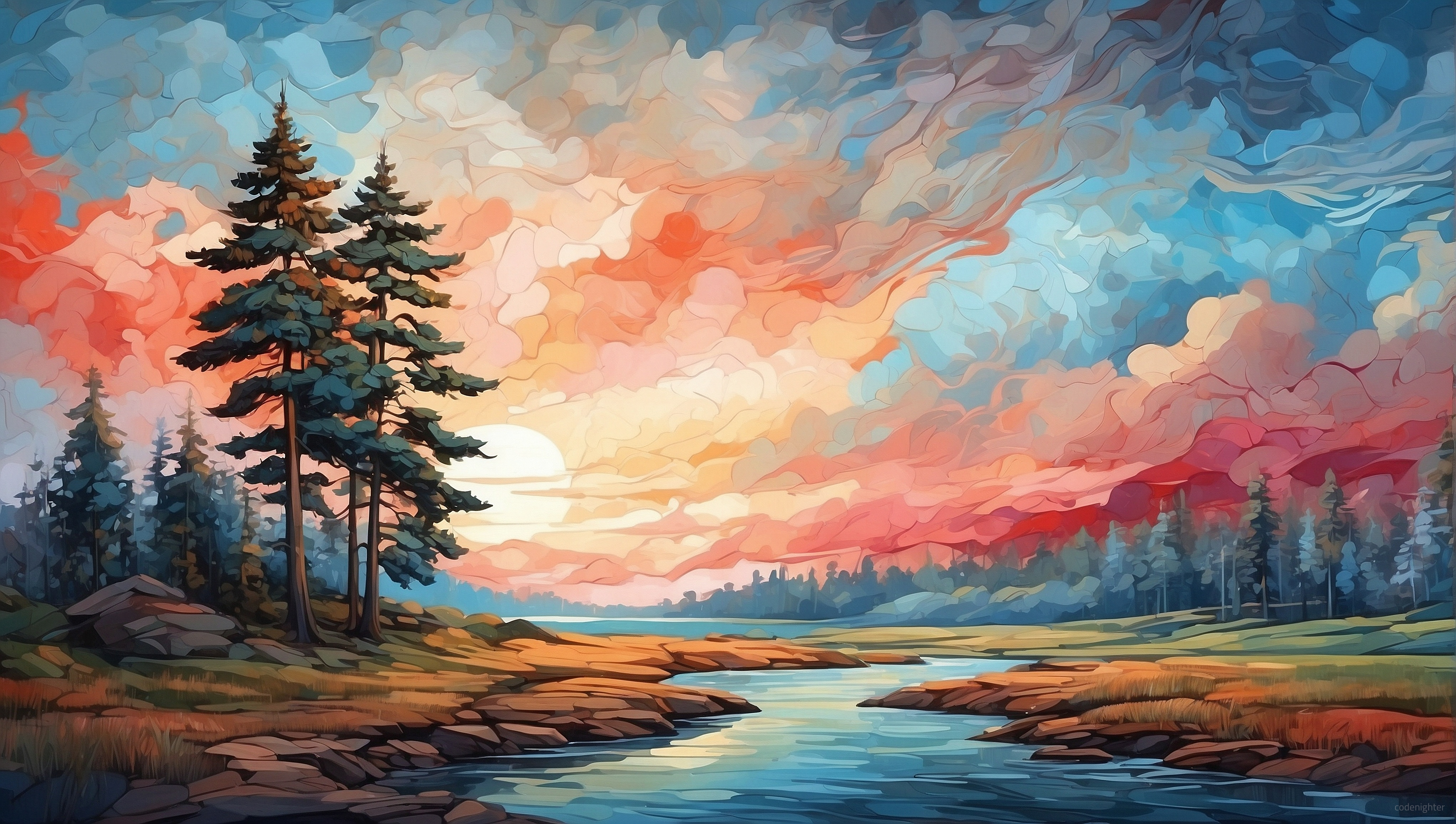 General 4084x2310 AI art digital art digital painting landscape trees clouds sky water nature Sun sunlight watermarked