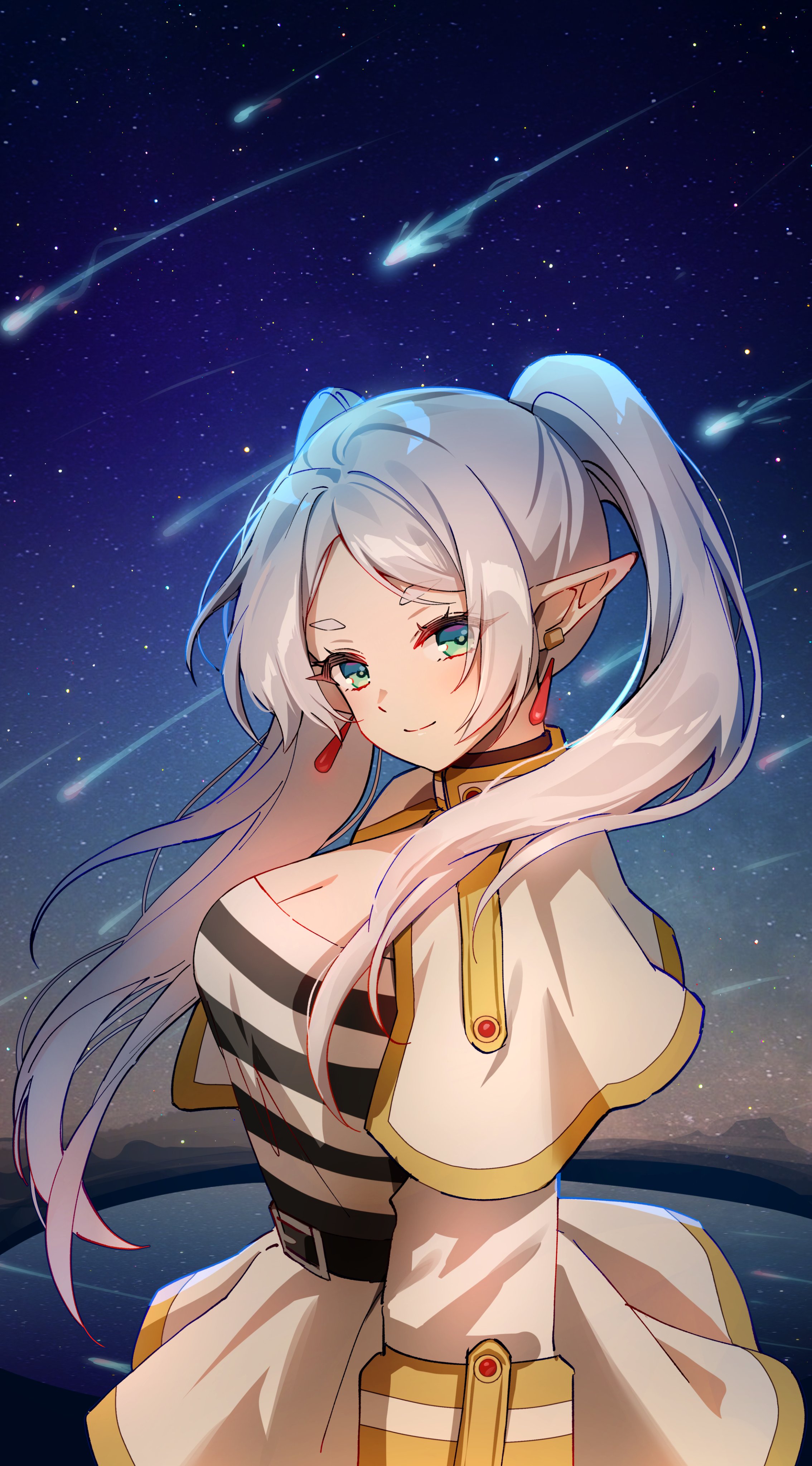 Anime 2268x4096 anime anime girls Sousou No Frieren Frieren FoxyReine portrait display looking at viewer smiling closed mouth capelet pointy ears long hair shooting stars earring twintails blue eyes white hair stars sky cleavage standing