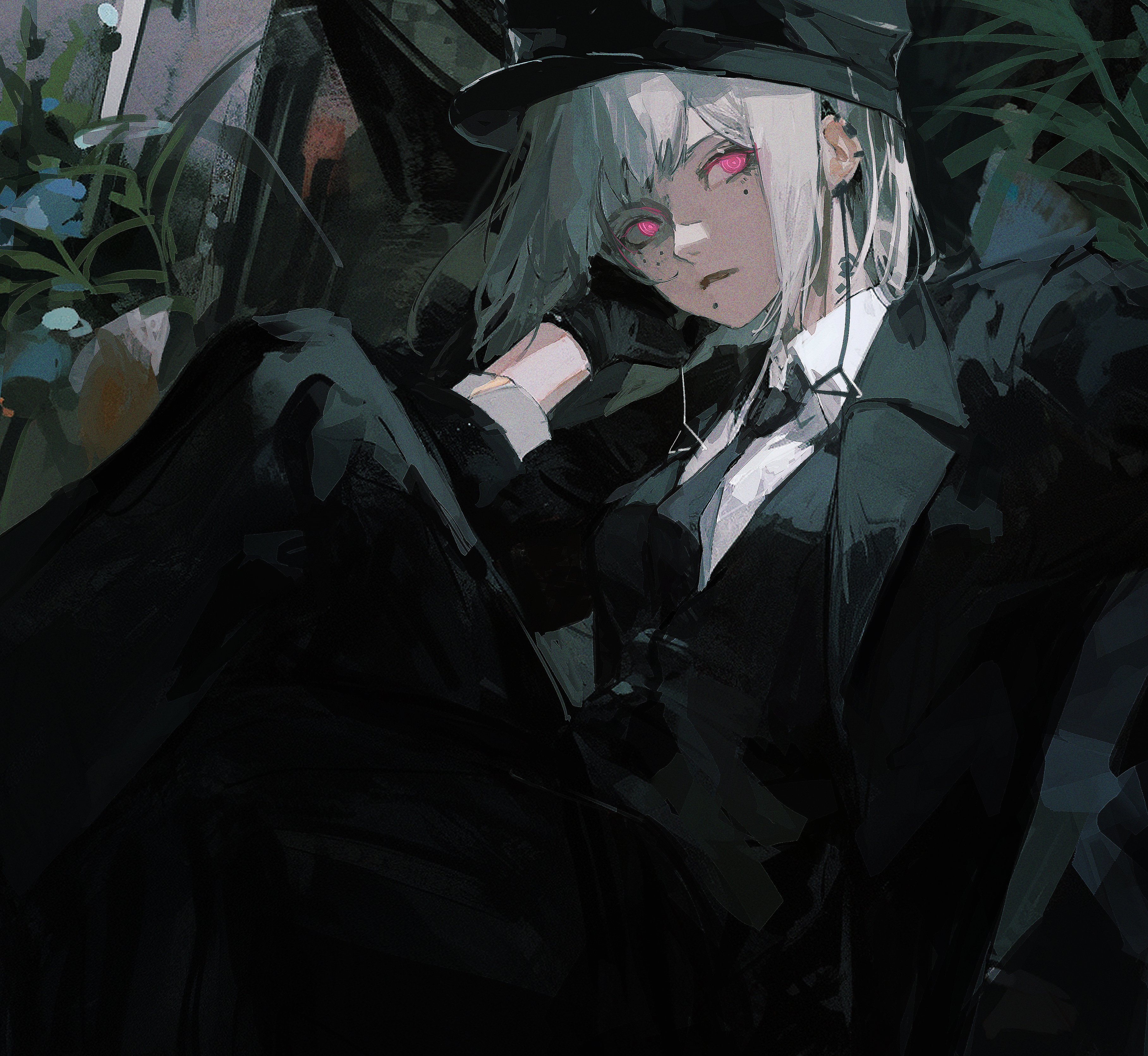 Anime 3633x3342 96yottea Chainsaw Man Kiga anime girls anime artwork digital art illustration white hair red eyes looking at viewer leaves fami (chainsaw man) tie hat women with hats closed mouth looking away short hair black gloves gloves suit and tie sitting