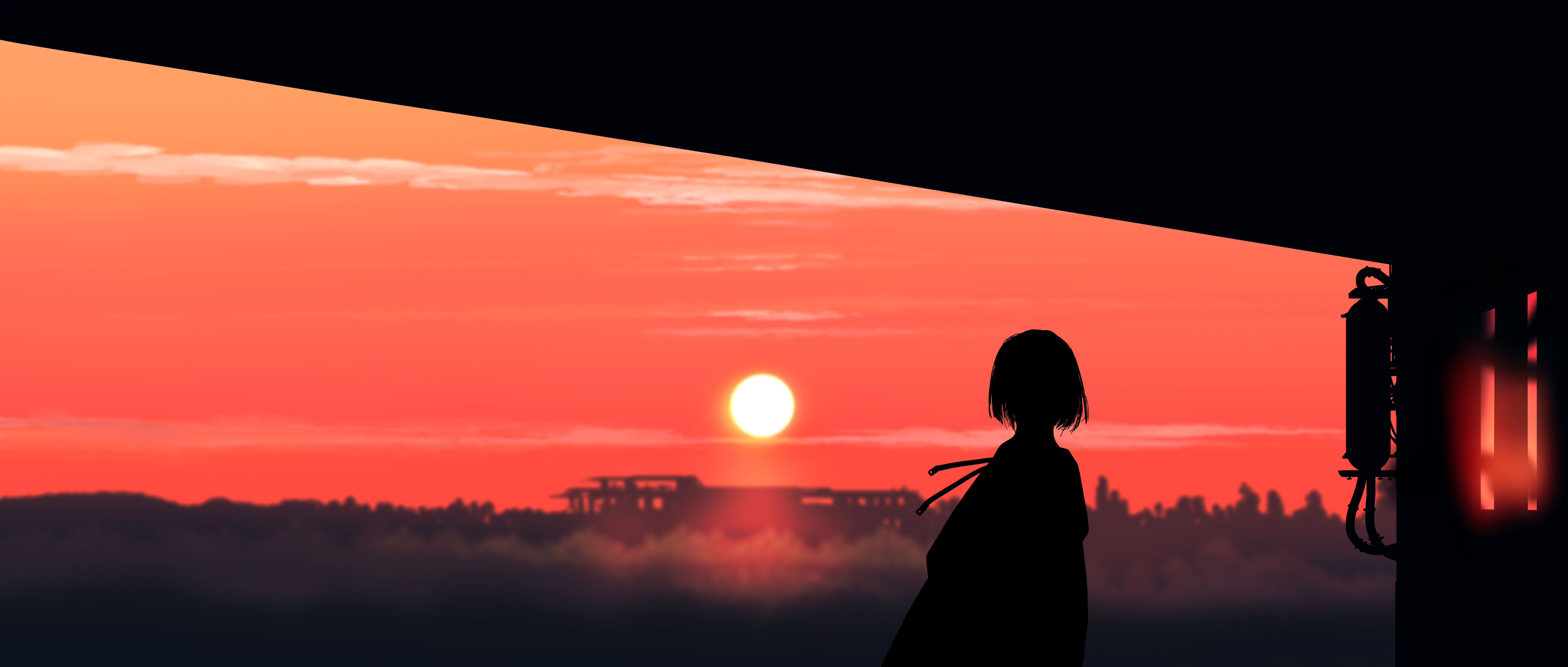 Anime 5640x2400 Gracile Pixiv digital art artwork silhouette anime girls sunset sunset glow sky Sun clouds short hair standing anime wide screen