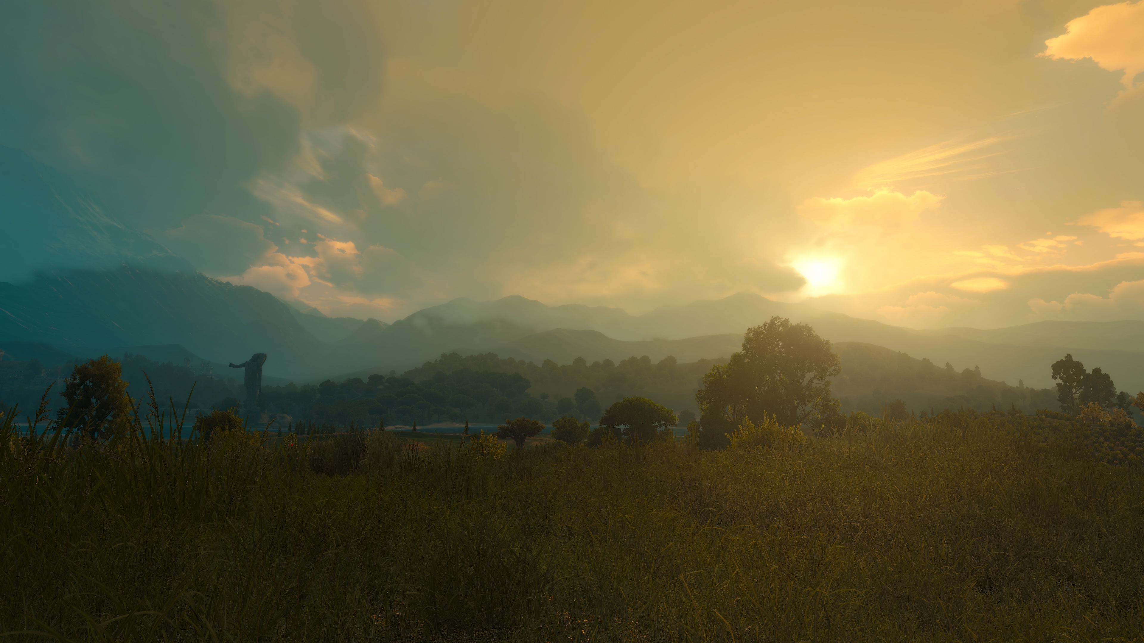 General 3840x2160 The Witcher 3: Wild Hunt screen shot PC gaming tussent video games video game art sunlight landscape statue sky Sun CGI sunset sunset glow field