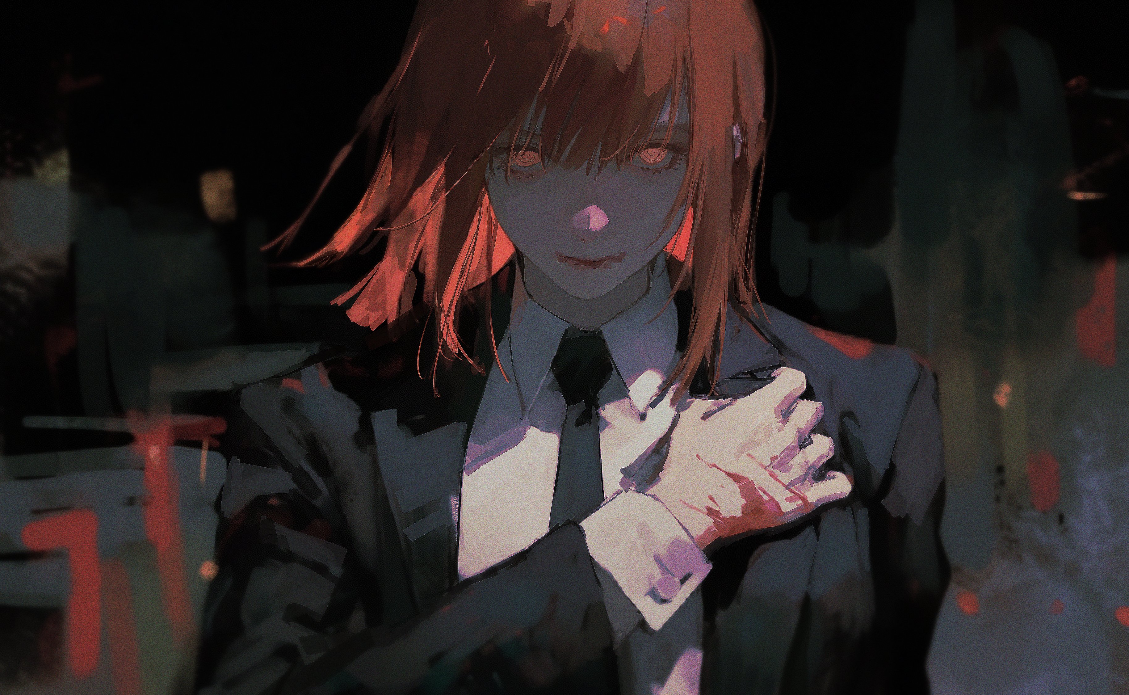 Anime 3656x2250 96yottea Makima (Chainsaw Man) Chainsaw Man anime girls anime redhead red eyes digital art artwork illustration looking at viewer blood suit and tie frontal view closed mouth short hair simple background face shoulder length hair suits