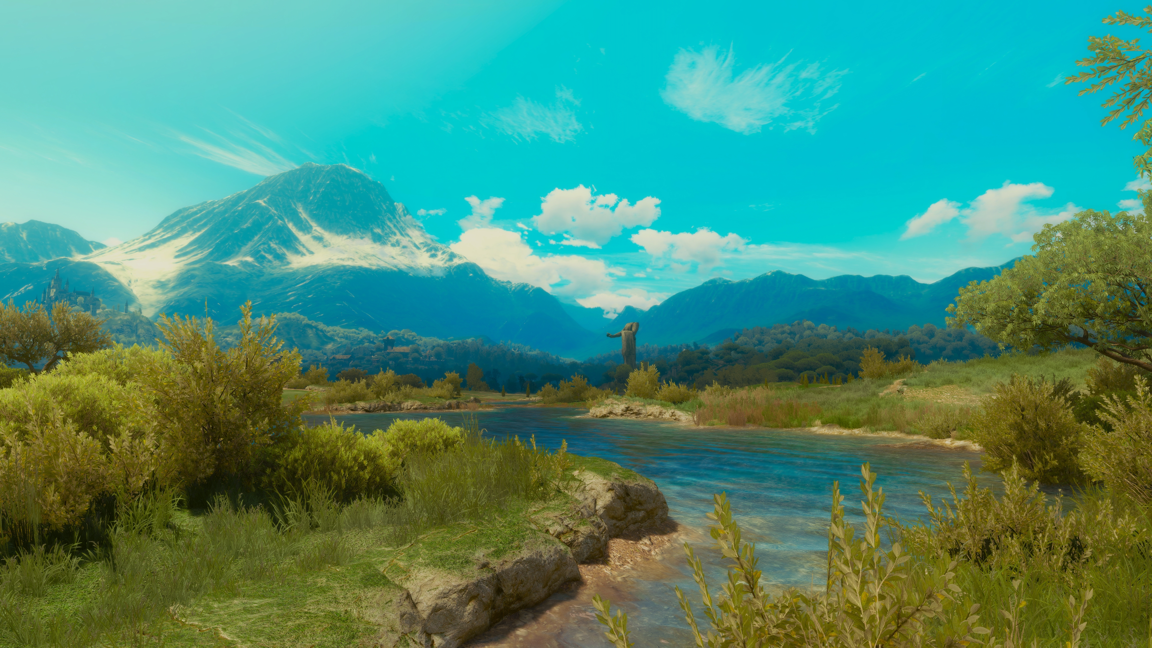 General 3840x2160 The Witcher 3: Wild Hunt screen shot PC gaming tussent video game art video games mountains sky water clouds grass river CGI statue leaves castle nature
