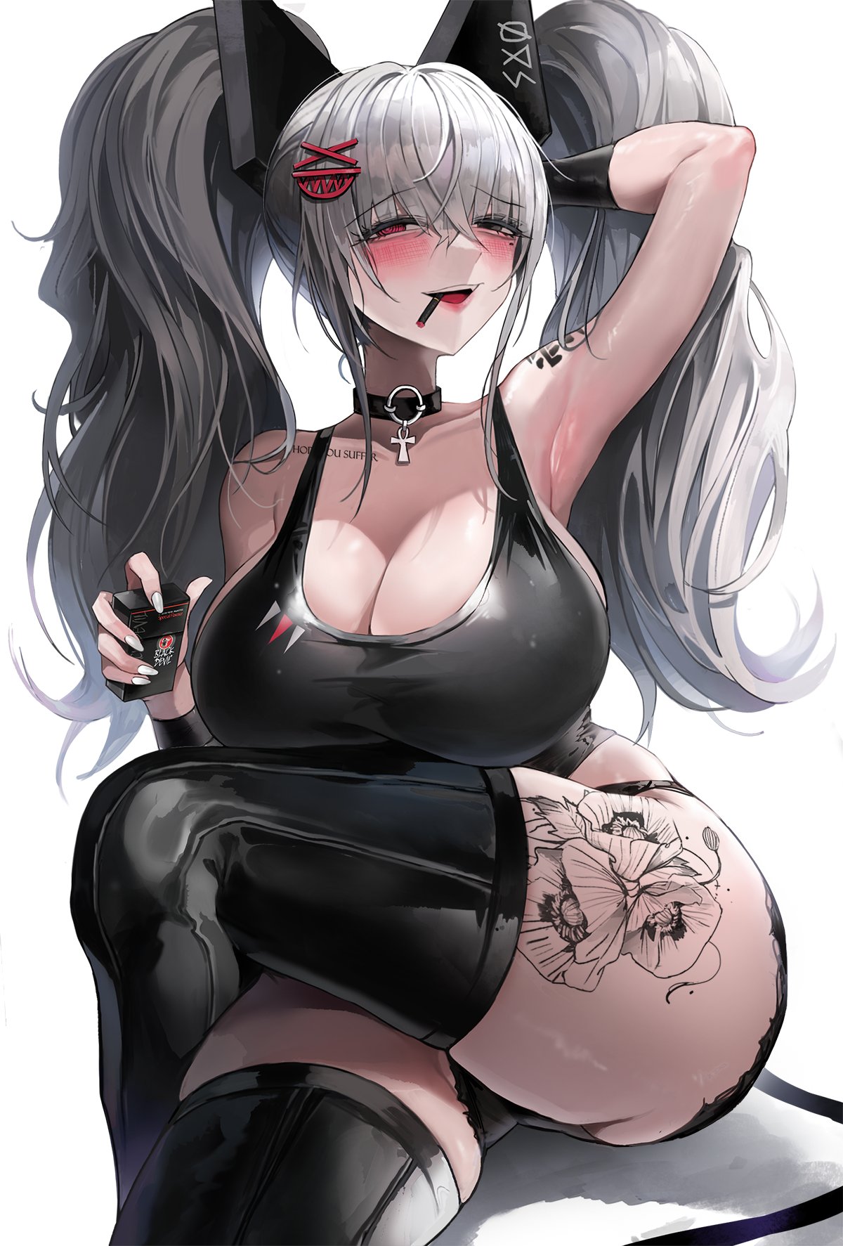 Anime 1200x1773 portrait display anime girls huge breasts Suou Sensei havoc-chan sitting looking at viewer twintails long hair collarbone cleavage legs crossed one arm up armpits moles mole under eye hair between eyes smiling anime sensual gaze cigarettes smoking white nails painted nails thighs thick thigh