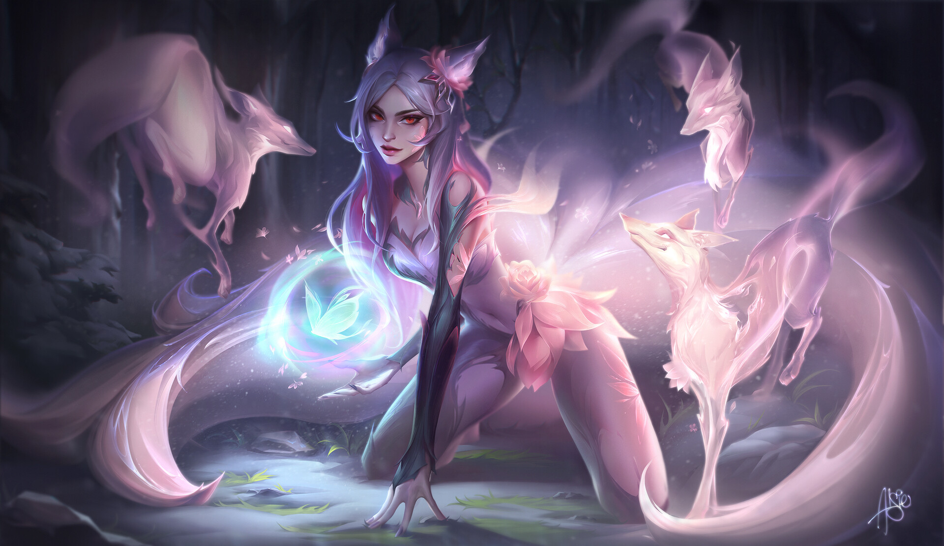 General 1920x1111 Alsie Lau drawing Ahri (League of Legends) fox girl magic women digital art signature long hair looking at viewer kneeling closed mouth bent legs juicy lips on the ground League of Legends ground animals butterfly fox ears fox tail fox red eyes hair ornament video game characters video game girls