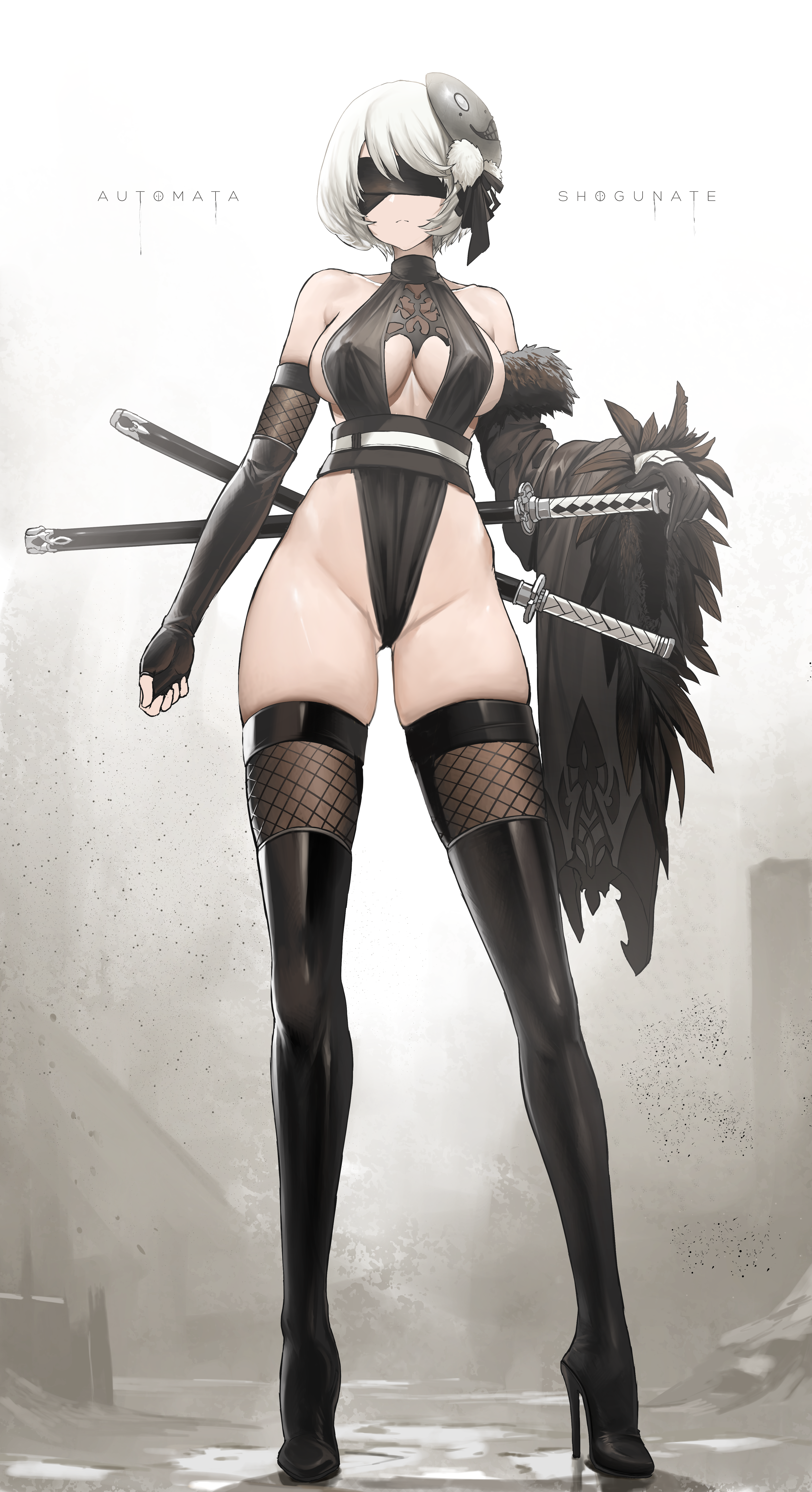 Anime 3841x7055 anime anime girls 2B (Nier: Automata) Dishwasher1910 skinny portrait display standing bare shoulders blindfold Nier: Automata slim body sword women with swords closed mouth short hair white hair elbow gloves Skindentation high heels reflection thigh-highs feather-trimmed sleeves big boobs frown hair ornament hips fur weapon