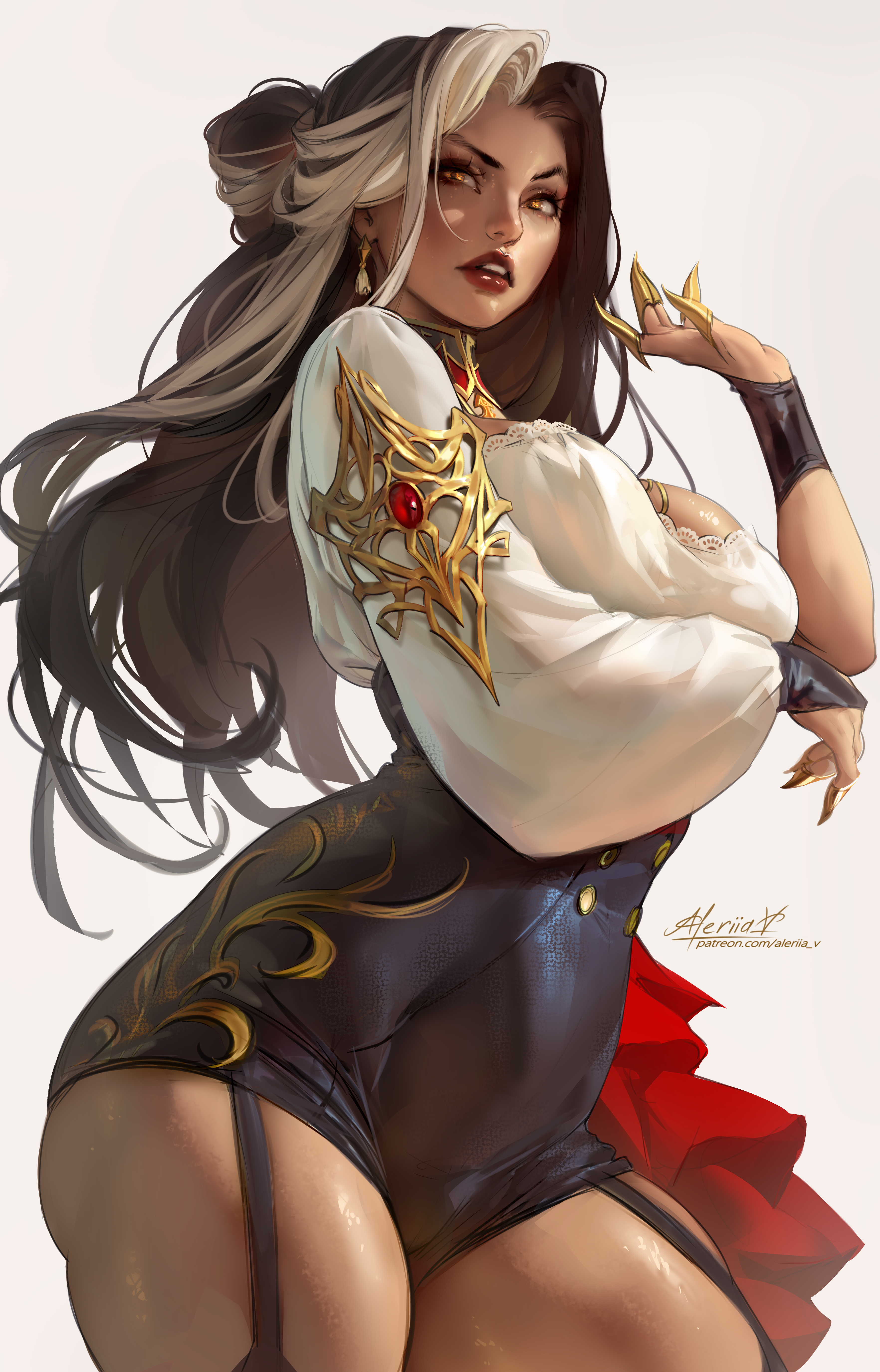 General 3528x5500 artwork digital art original characters Lera Pi drawing looking at viewer simple background thighs signature watermarked parted lips two tone hair long hair juicy lips earring brown eyes thick thigh tanned standing white background