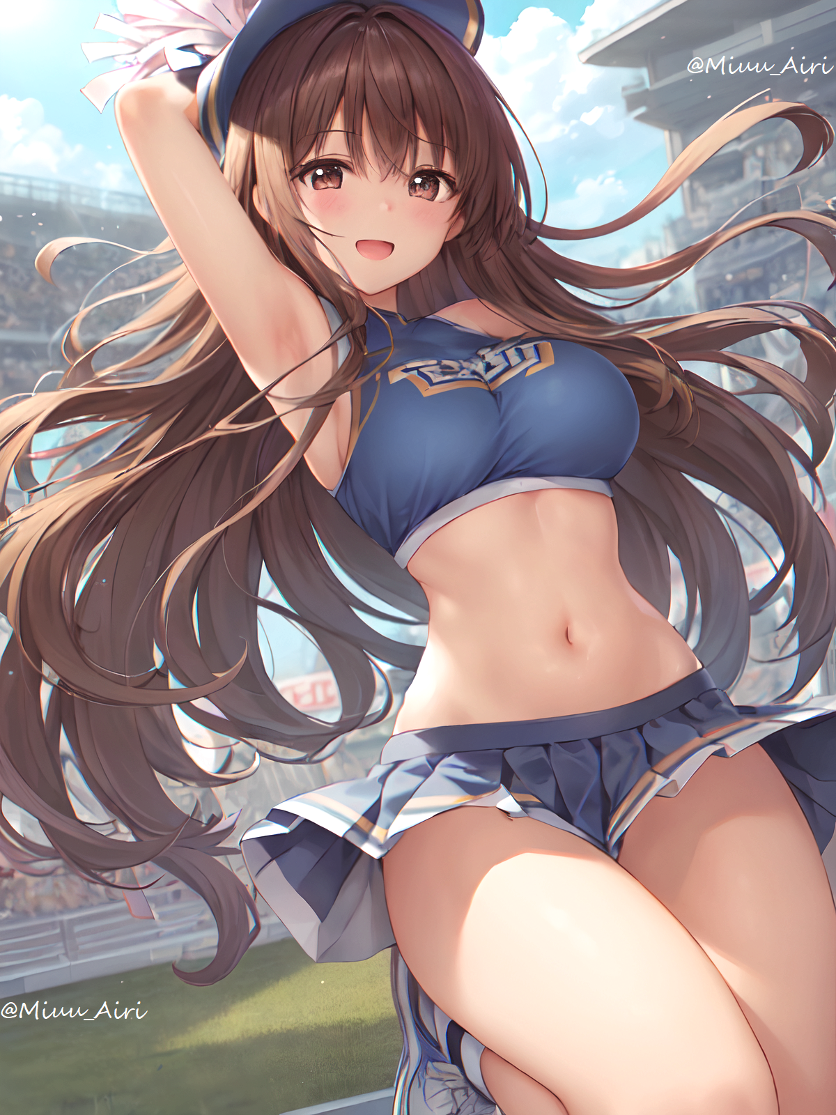 Anime 1200x1600 AI art anime anime girls long hair brunette big boobs cheerleader costume solo original characters skirt cheerleaders artwork open mouth skinny one arm up armpits watermarked sunlight portrait display brown eyes hair between eyes grass thighs legs frills sky clouds socks slim body bare shoulders shoes looking at viewer