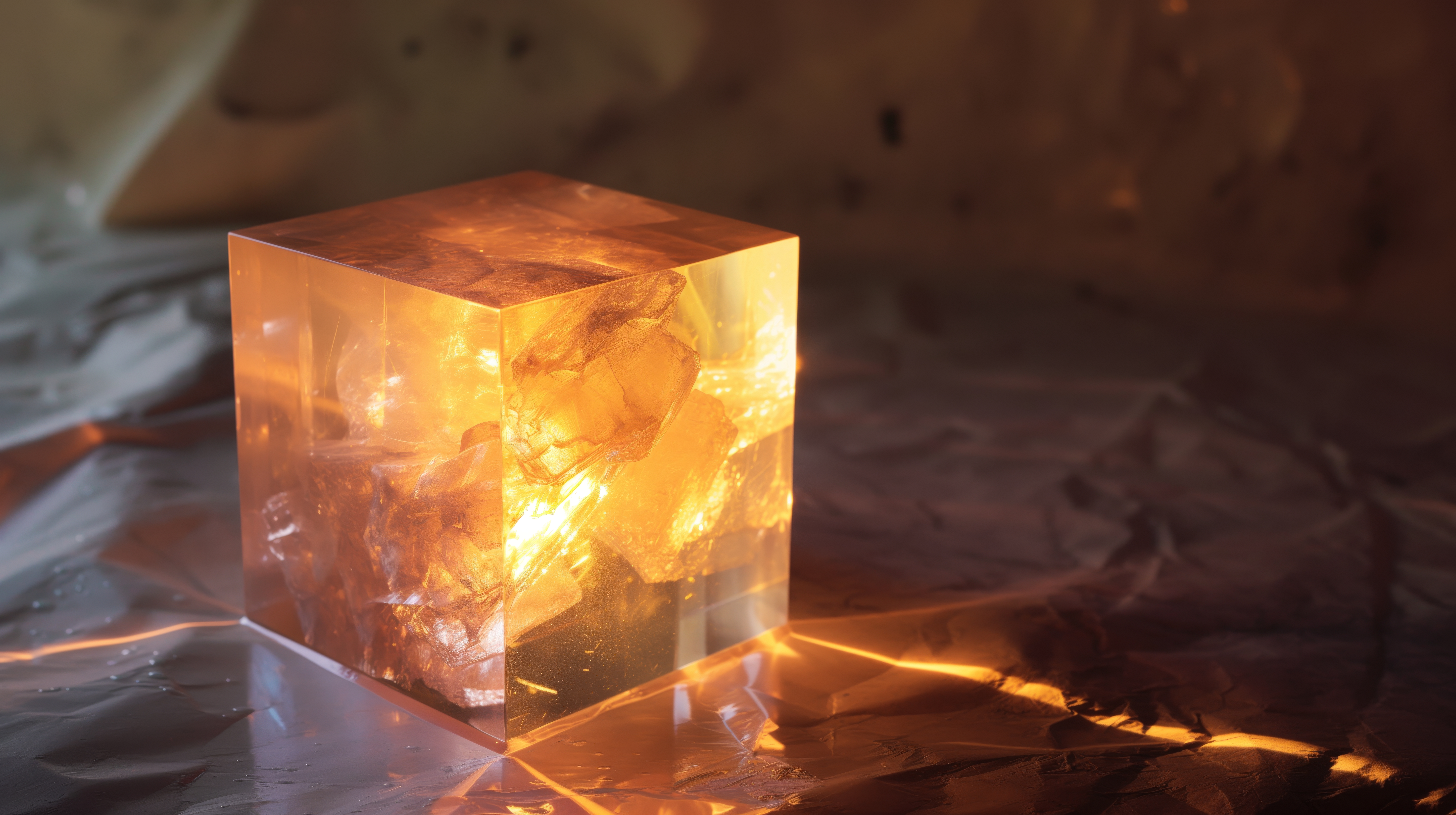 General 5824x3264 AI art backlighting glowing crystal  reflection depth of field cube gold