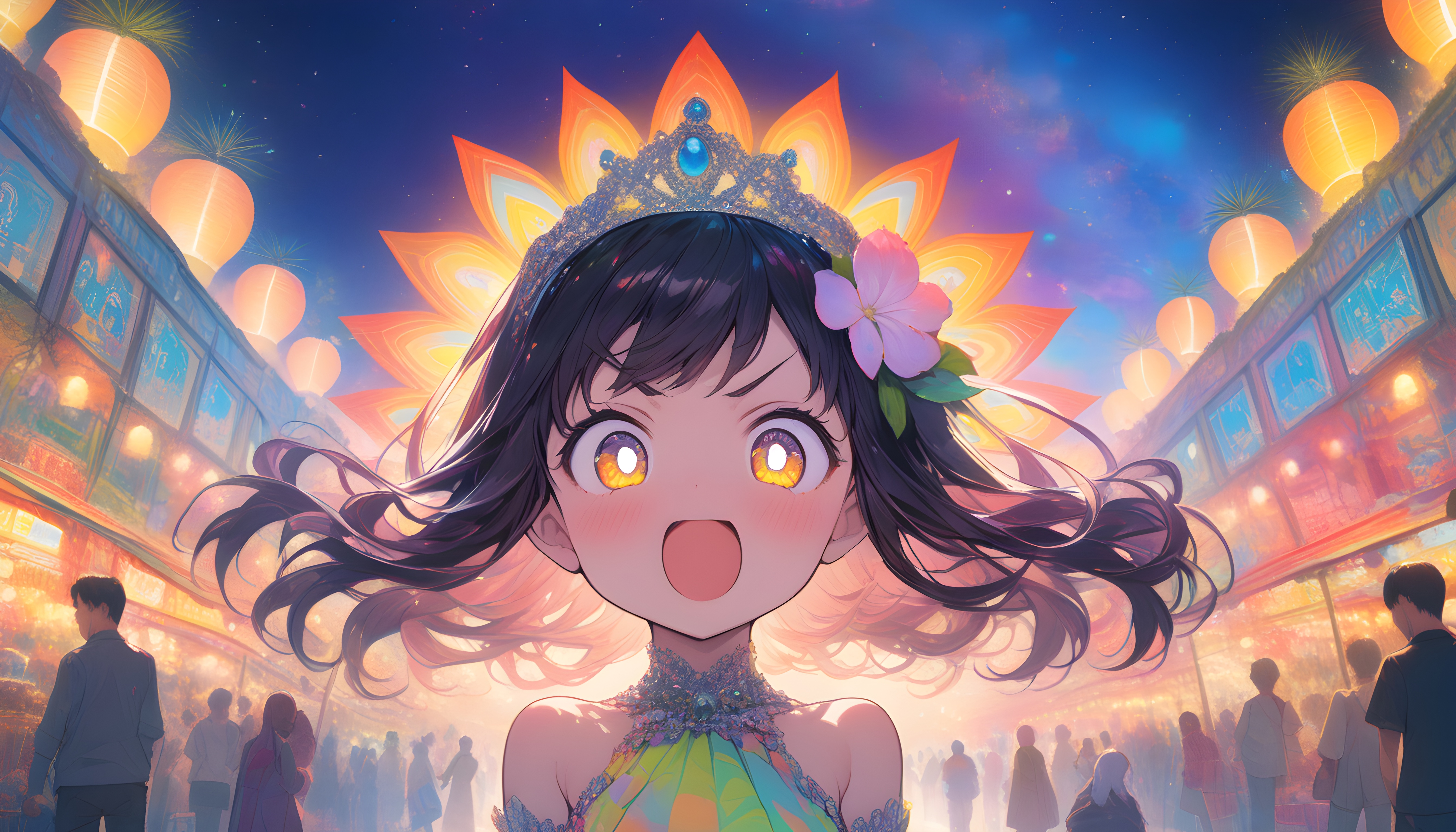 Anime 5376x3072 anime girls AI art anime looking at viewer open mouth long hair brunette brown eyes bright bare shoulders flower in hair frontal view face sky stars night crowds tiaras blushing smiling