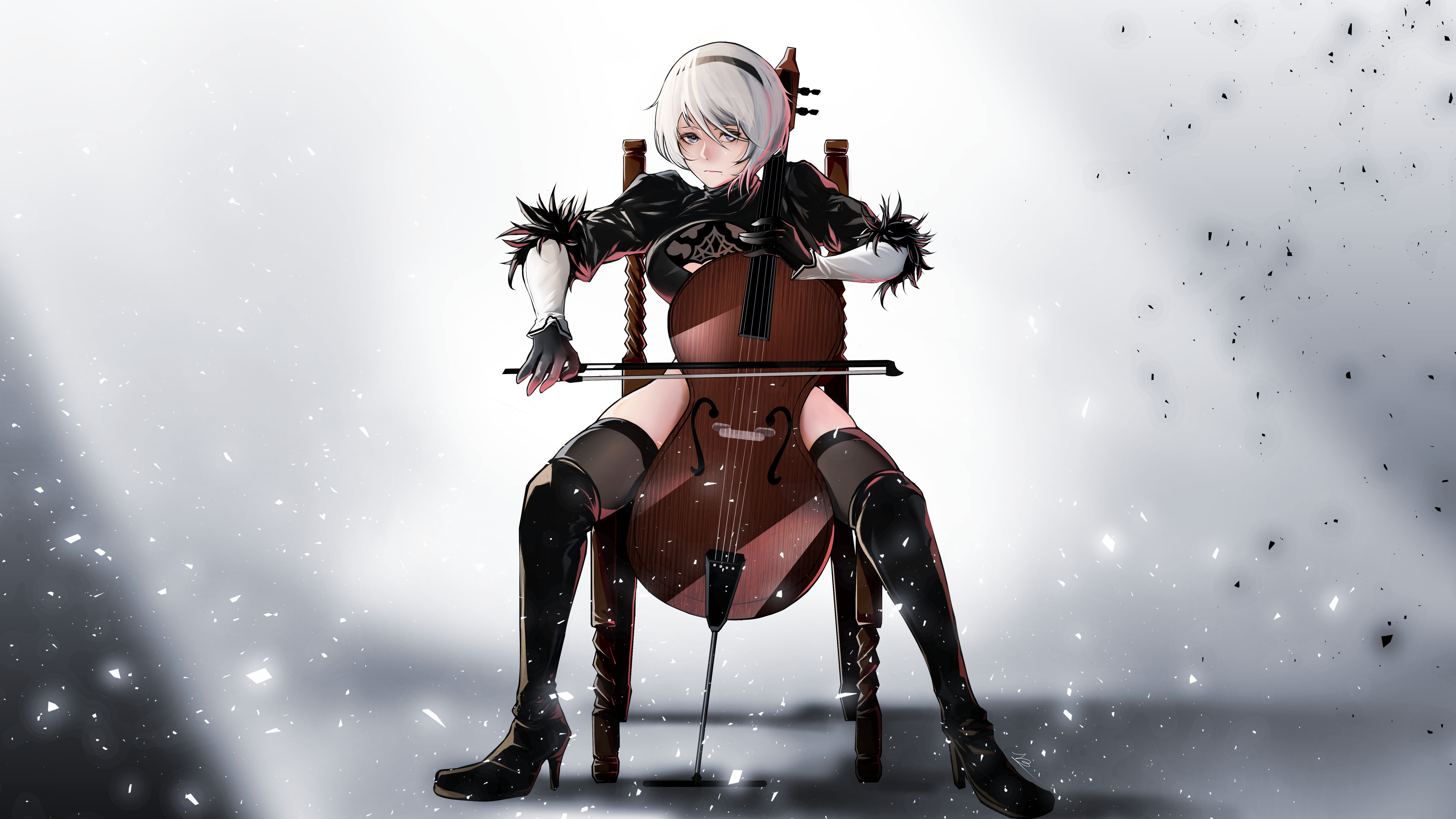 Anime 6700x3770 2B (Nier: Automata) Nier: Automata Nier musical instrument chair sitting on chair sitting white hair blue eyes short hair hairband mole under mouth solo hair between eyes heels cello looking at viewer anime girls headband feather-trimmed sleeves moles long sleeves black thigh highs thighs thigh-highs skindentation simple background anime