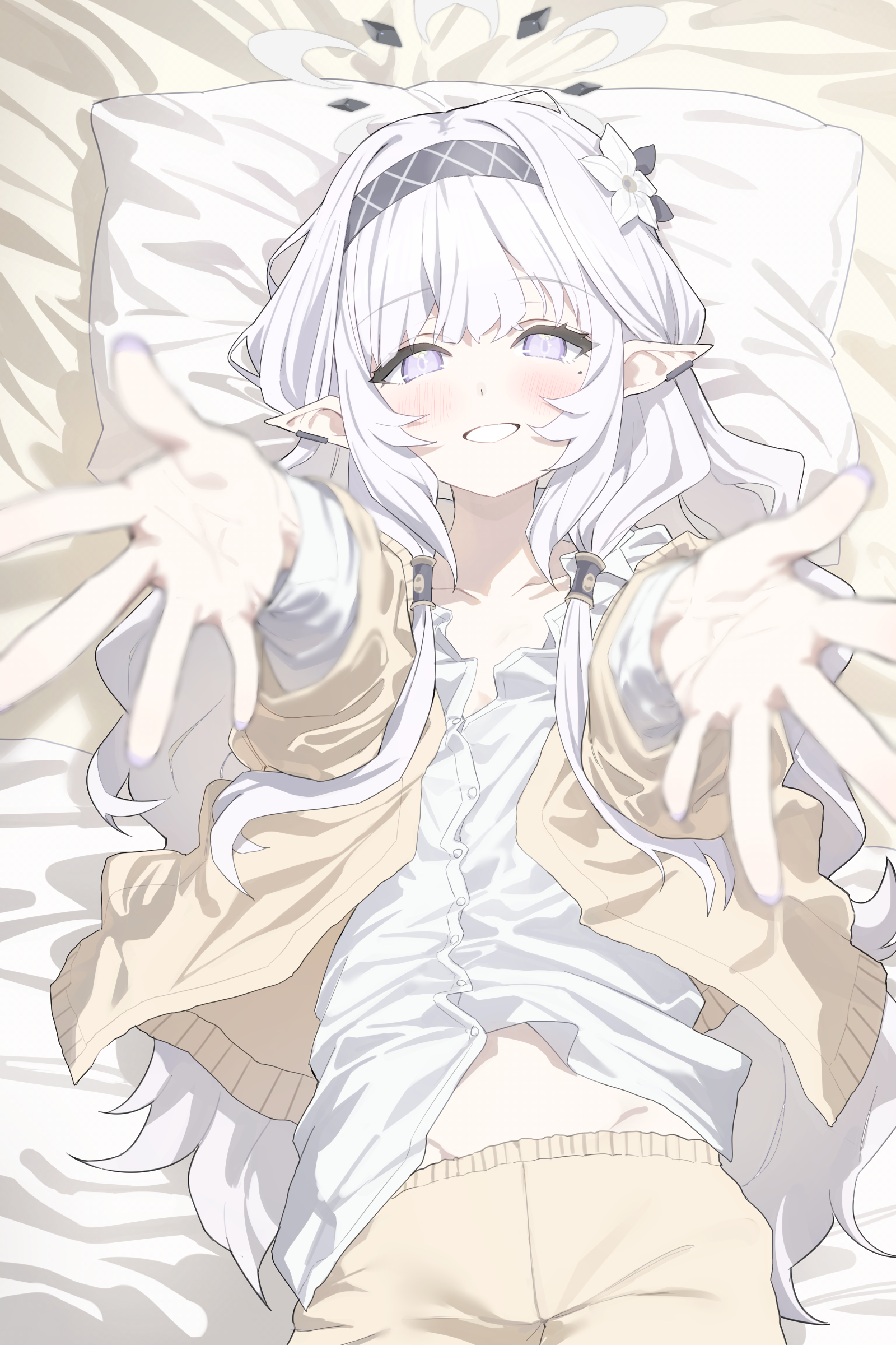 Anime 1600x2400 Blue Archive anime girls white looking at viewer Akeboshi Himari (Blue Archive) ApplePie portrait display pointy ears smiling arms reaching pillow long sleeves teeth long hair parted lips blushing headband moles mole under eye purple eyes white hair flower in hair lying down lying on back