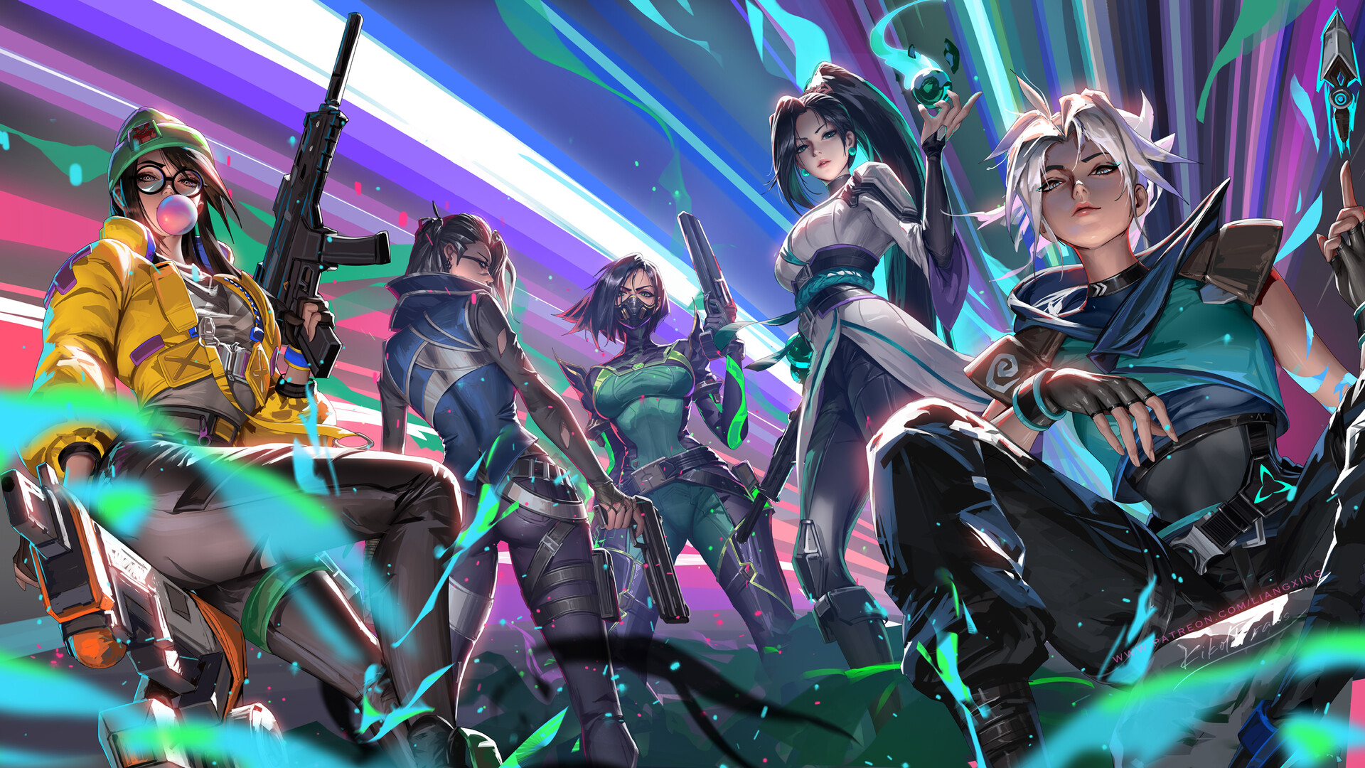 General 1920x1080 Jason Liang Valorant group of women digital art artwork illustration video game girls fan art video game characters video games long hair white hair girls with guns colorful yellow jacket looking at viewer dark hair Killjoy (Valorant) weapon Viper (Valorant) earring Sage (valorant) mask Jett (Valorant) standing Fade (Valorant) drawing bubble gum gloves fingerless gloves glasses women with glasses jacket