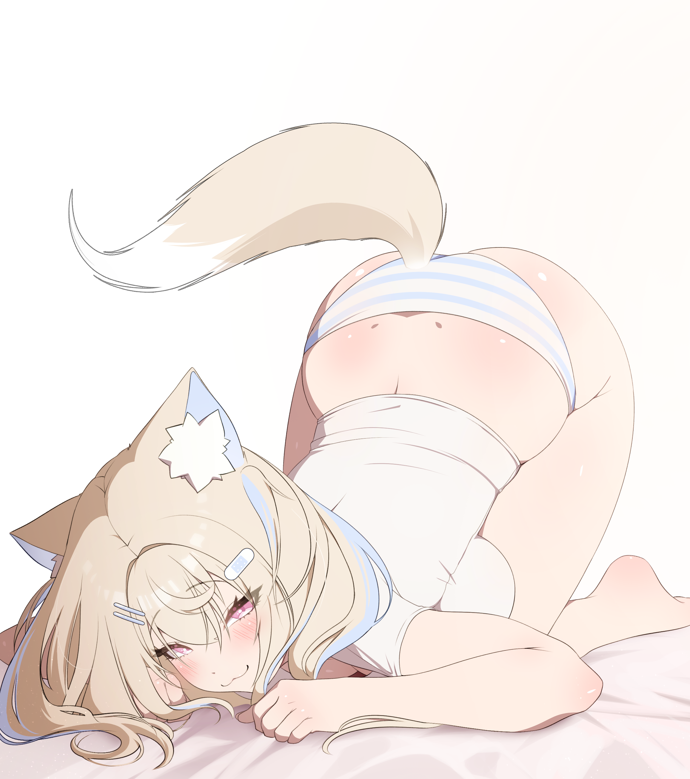 Anime 2312x2610 anime anime girls Fuwawa Abyssgard prab Hololive English smiling FUWAMOCO bent over simple background ass white background panties dog girls dog tail dog ears two tone hair hair between eyes blonde pink eyes closed mouth striped panties long hair huge breasts short sleeves hair clip
