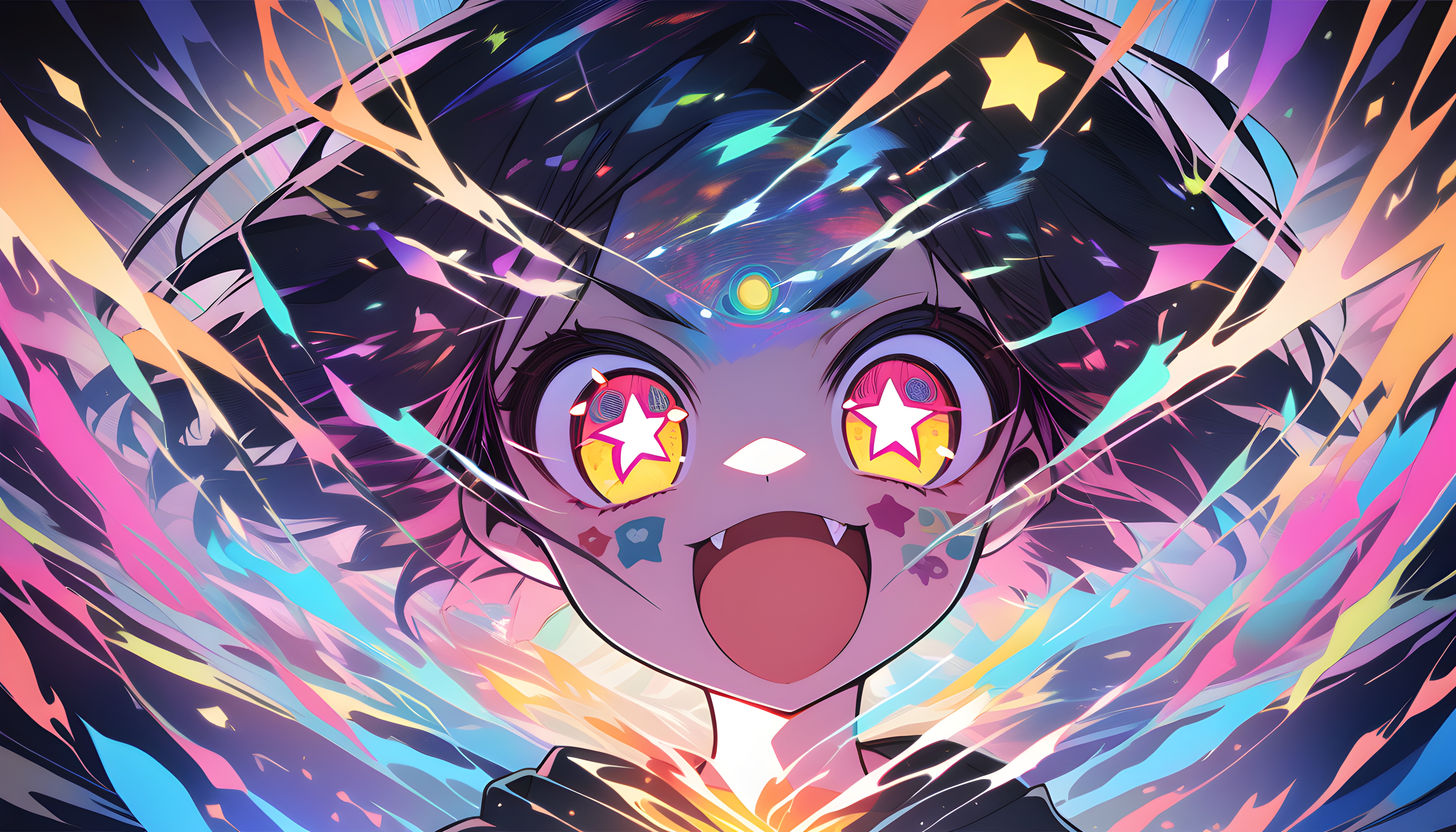 Anime 5376x3072 anime girls AI art closeup anime open mouth short hair frontal view star eyes looking at viewer colorful yellow eyes stars smiling