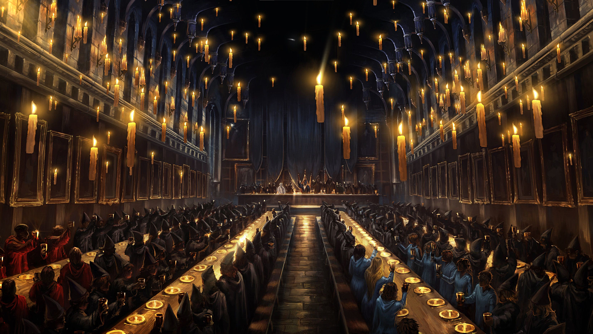 General 1920x1080 Harry Potter Hogwarts interior candles wizard great hall digital art dining room plates drink robes floating Dining table fire castle witch