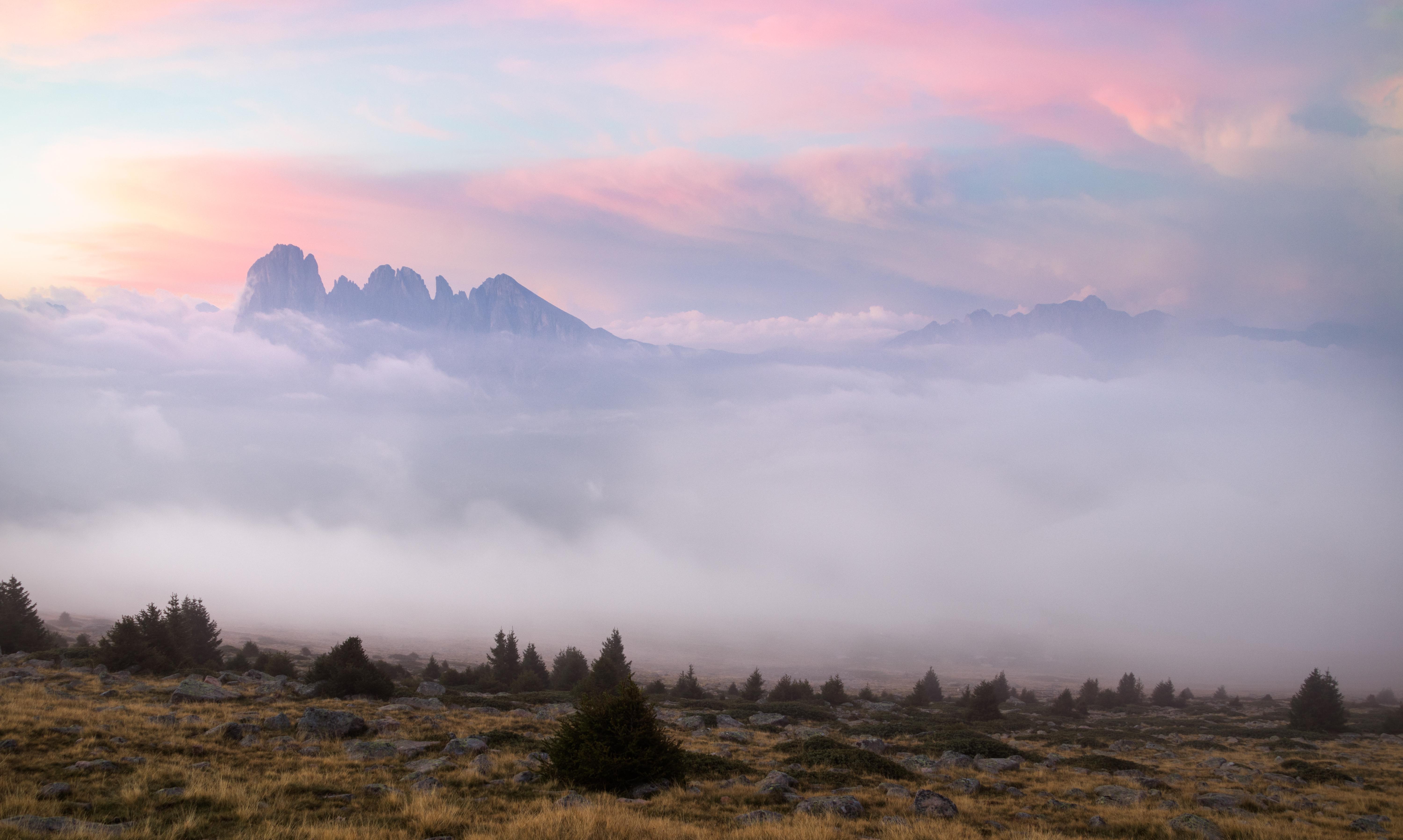 General 5999x3594 Dolomites mountains nature landscape Italy clouds sunset mist trees