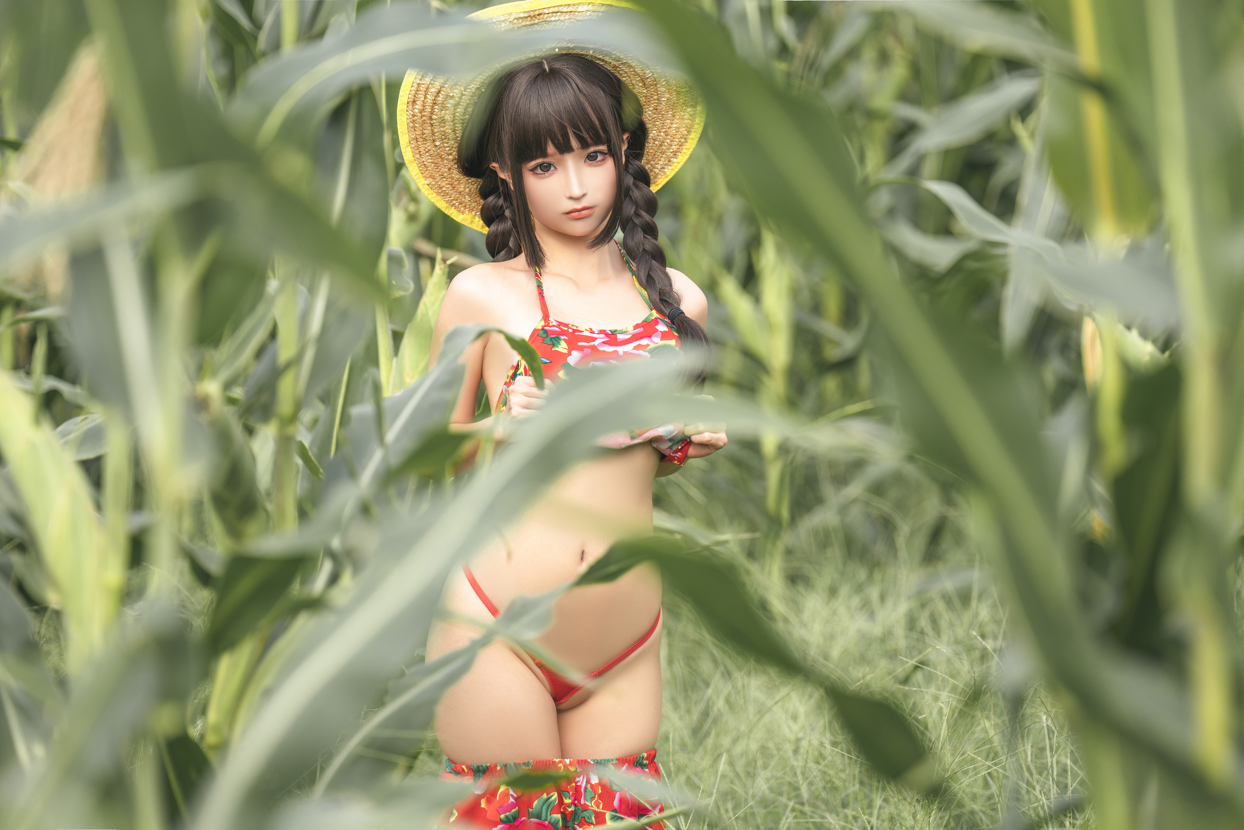 People 5241x3495 Chun Momo women model Asian Chinese Women brunette braids twintails cornfield women outdoors straw hat red tops thong panties
