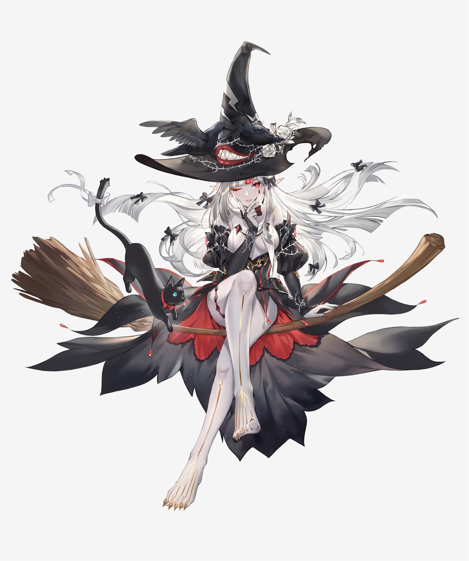Anime 1600x1914 anime anime girls Criin witch hat one eye closed white hair hat