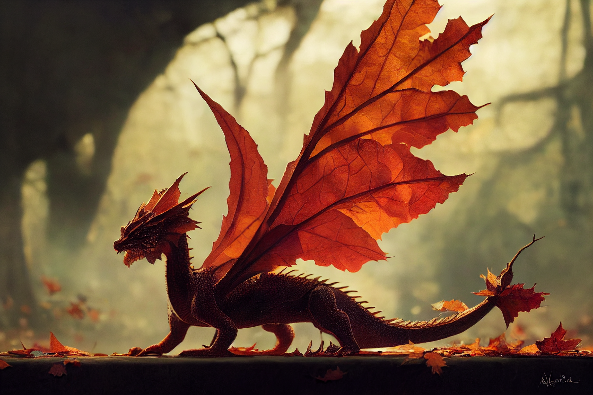 General 2304x1536 fall forest dragon creature fantasy art AI art