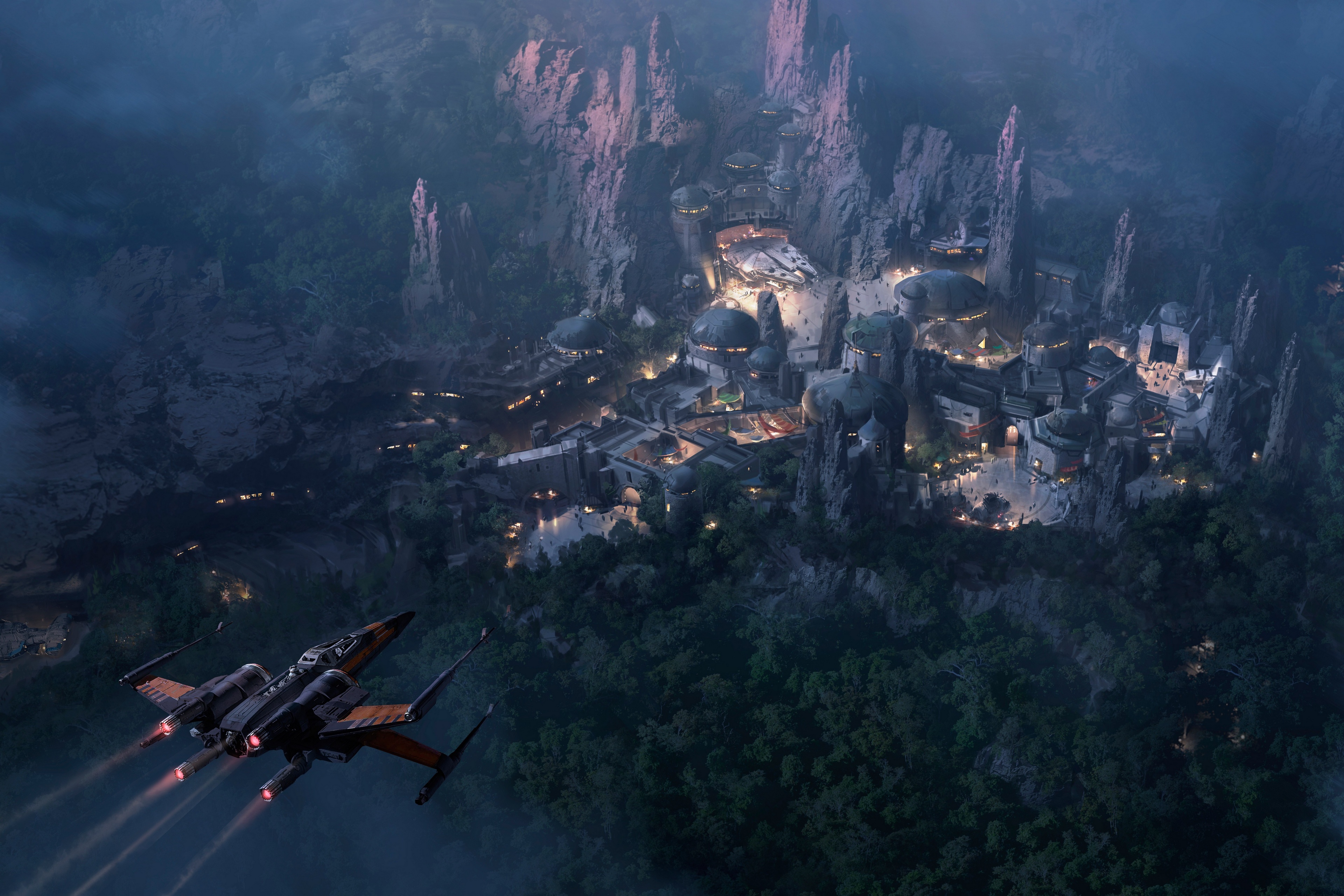 General 3840x2560 Star Wars science fiction spaceship mountains forest fort city fantasy art X-wing digital art