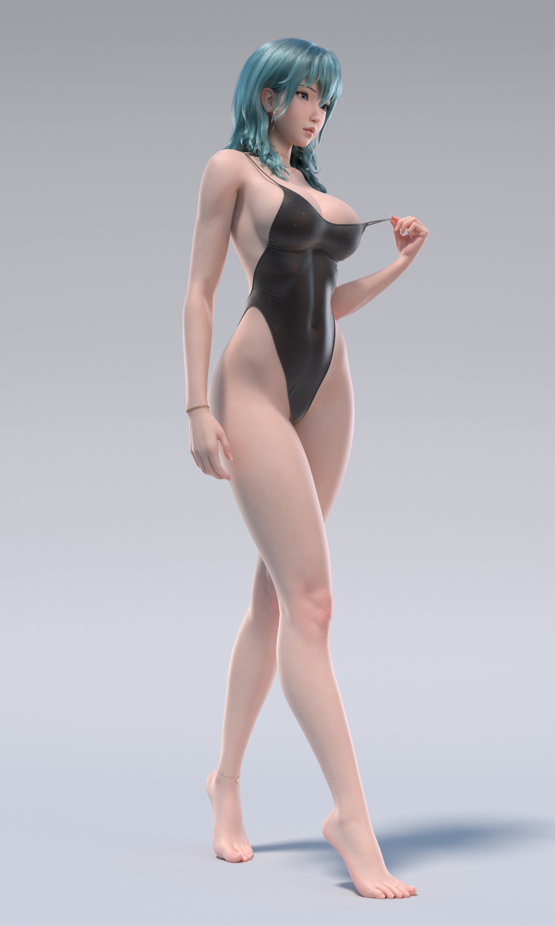 General 1920x3200 Ye Chaofan CGI women blue hair bangs walking swimwear bodysuit shadow big boobs one-piece swimsuit