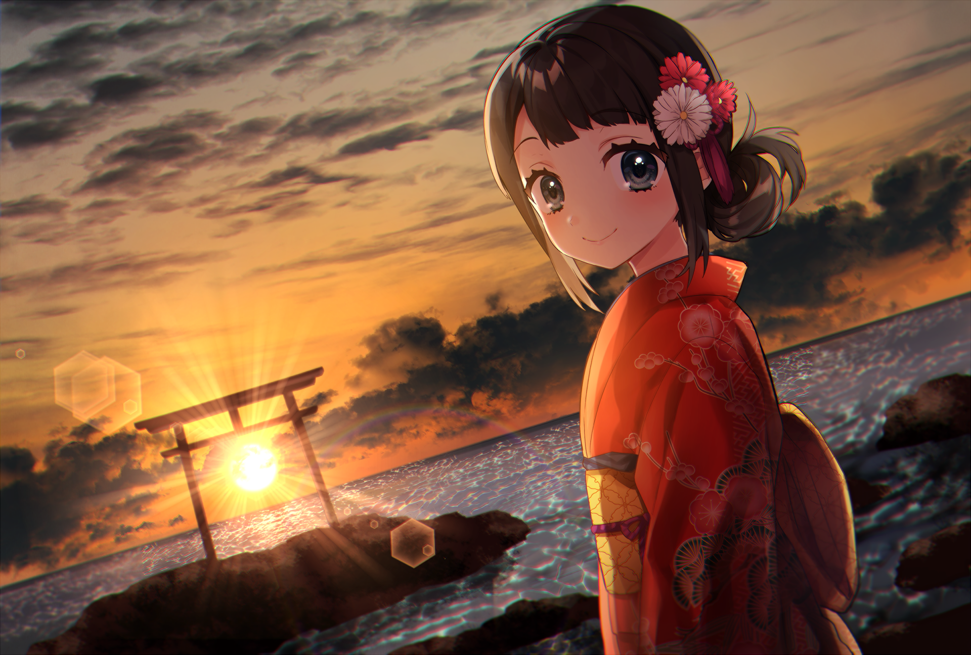 Anime 1920x1296 anime anime girls flower in hair water sunset clouds sky kimono