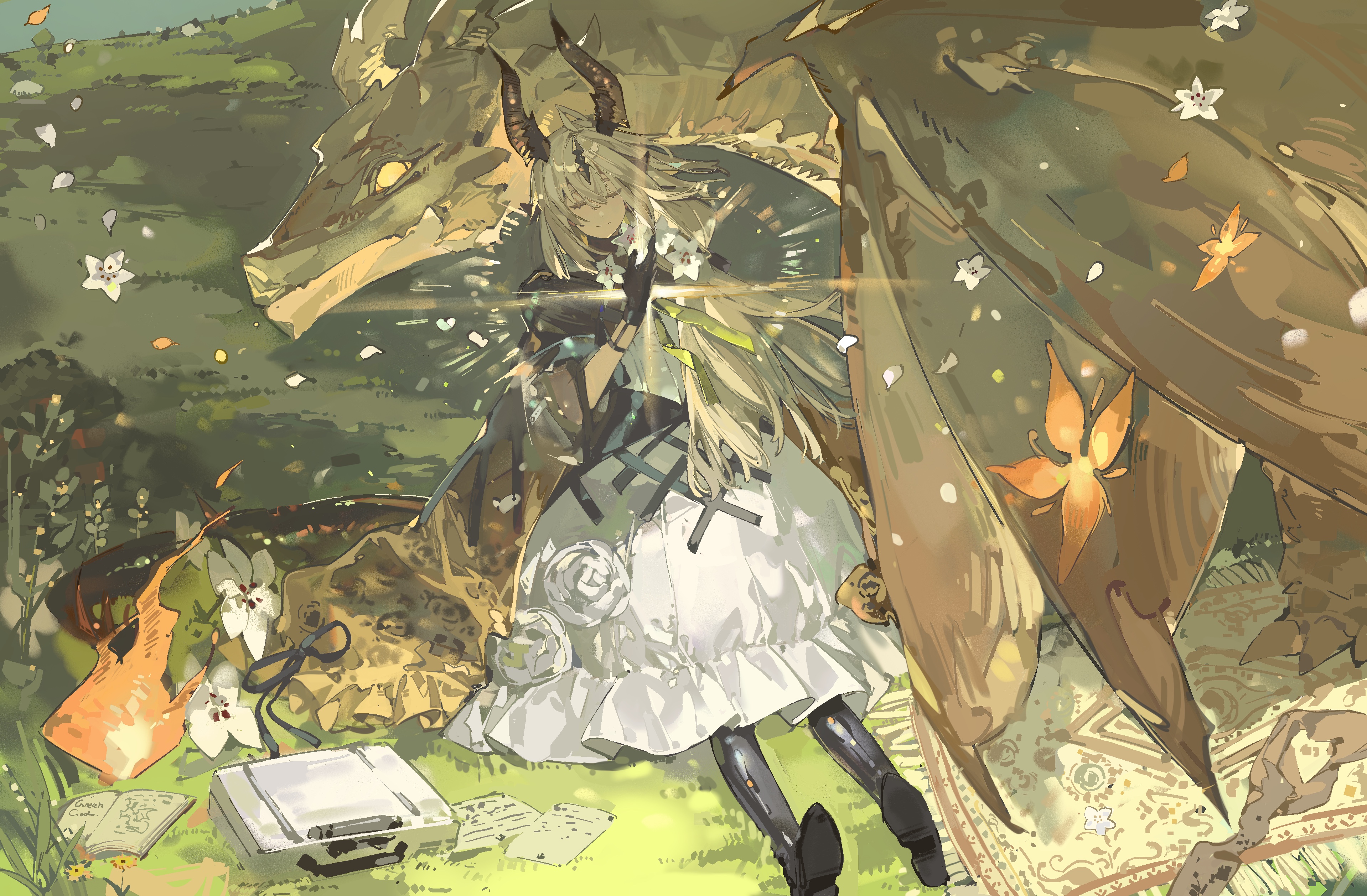 Anime 3837x2516 Arknights Reed (Arknights) dragon girl anime girls horns smiling closed eyes grass flowers petals creature dragon gloves long hair lying on back