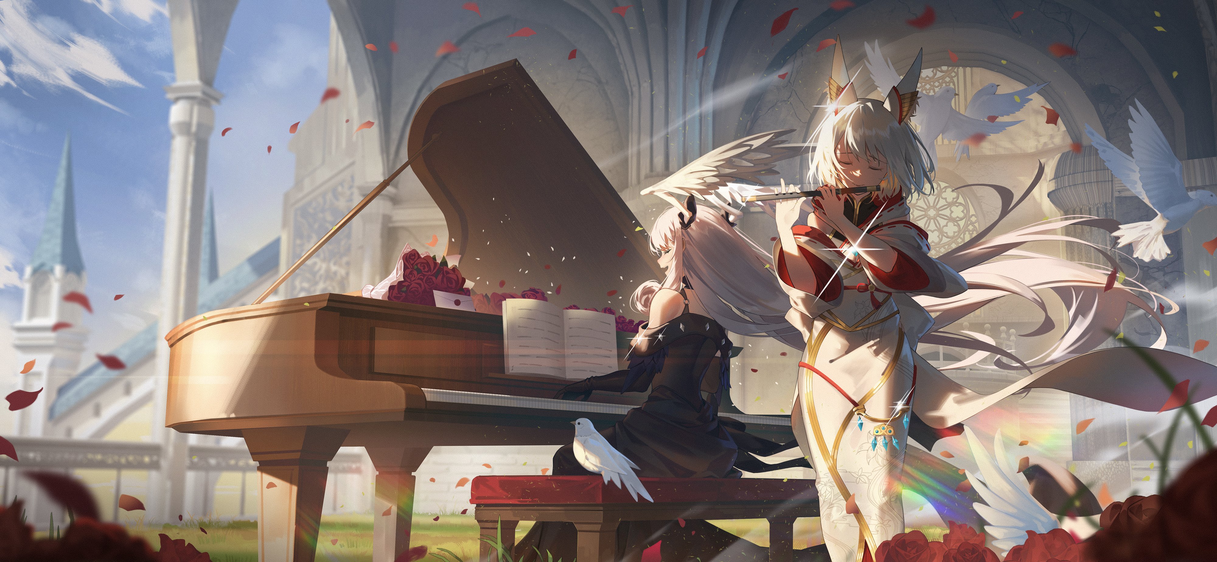 Anime 4000x1850 Xenoblade Chronicles 3 Xenoblade Chronicles piano Mio (Xenoblade 3) Melia Antiqua (Xenoblade) flute ultrawide dove anime girls closed eyes musical instrument petals long hair wings sky clouds birds animals sitting flowers