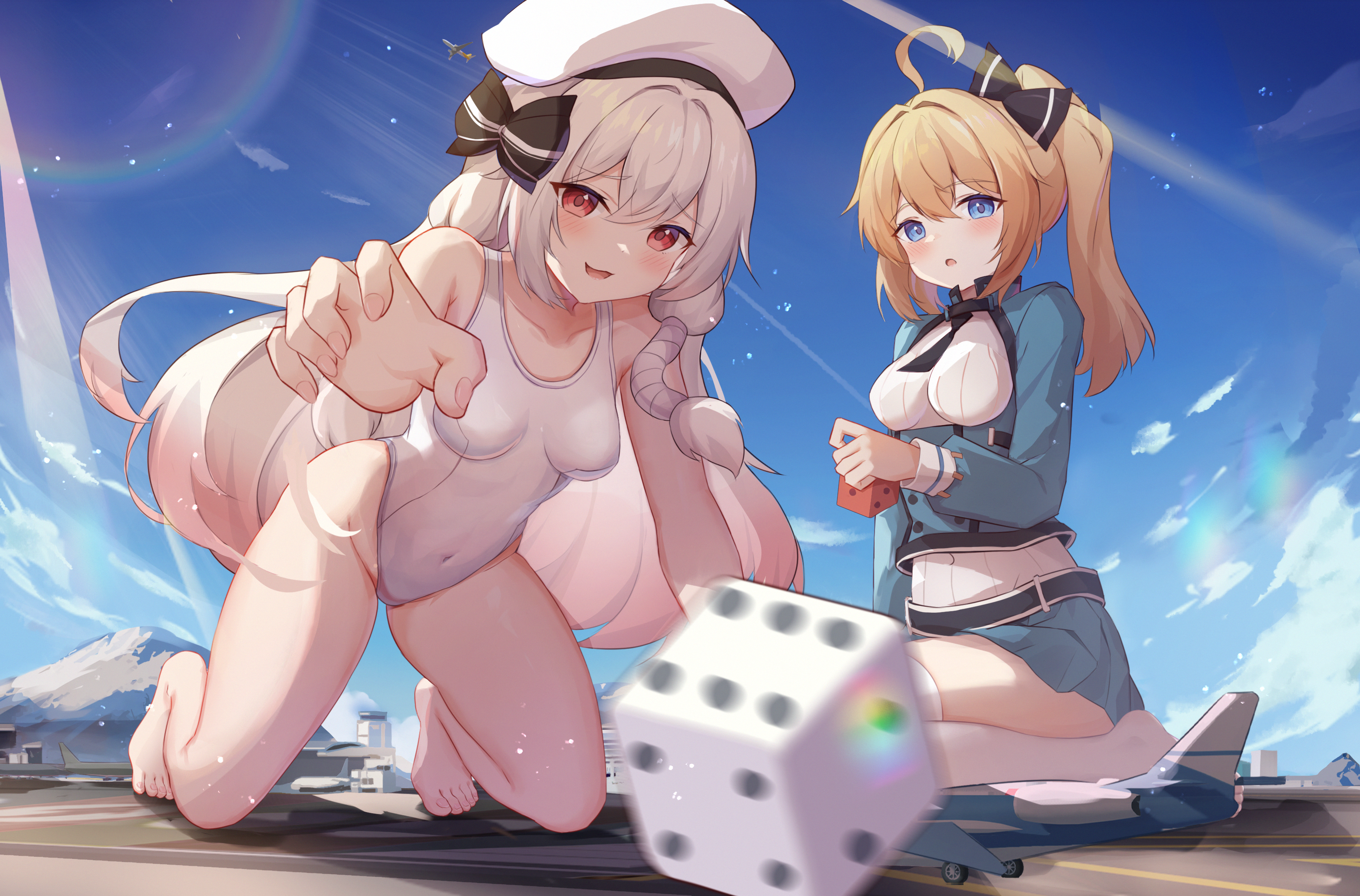 Anime 3115x2053 anime anime girls swimwear thighs one-piece swimsuit dice long hair sunlight gradient hair two tone hair sky clouds blushing looking at viewer hat giantess giant