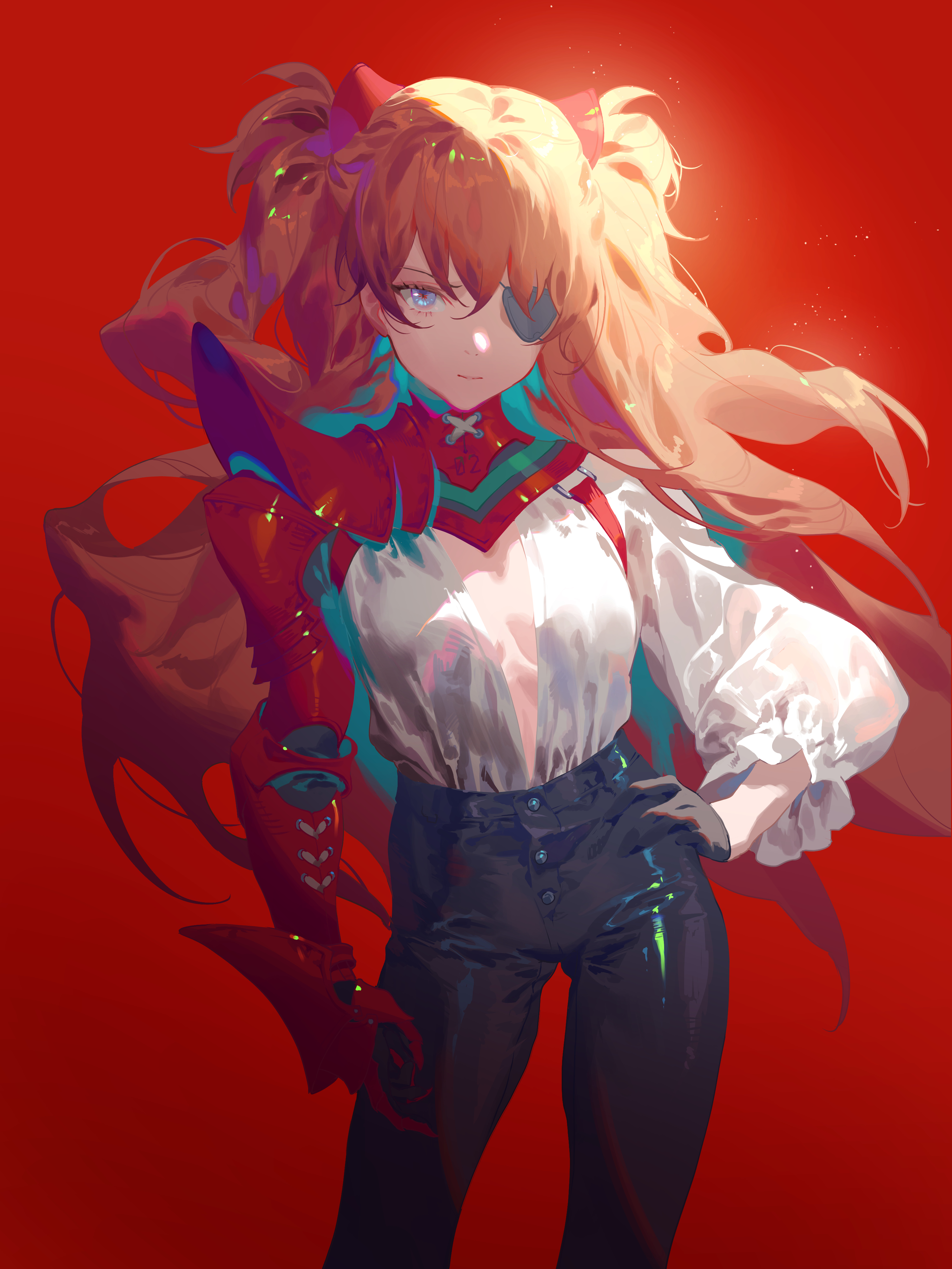 Anime 3000x4000 Fajyobore Neon Genesis Evangelion Asuka Langley Soryu anime girls long hair portrait display eyepatches hands on hips gloves red background simple background looking at viewer