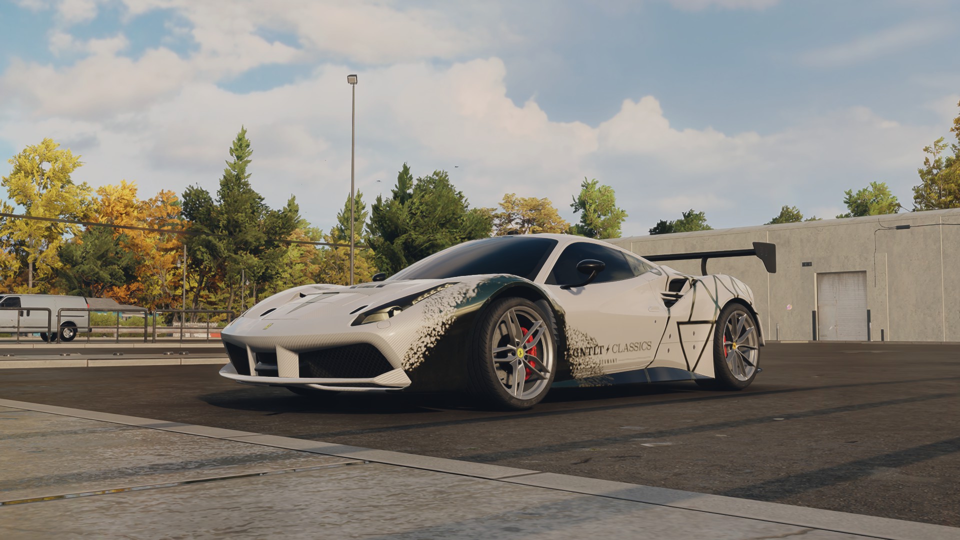 General 1920x1080 Need for speed Unbound car Sky (game) Ferrari 488 GTB clouds screen shot parking lot sky CGI frontal view trees
