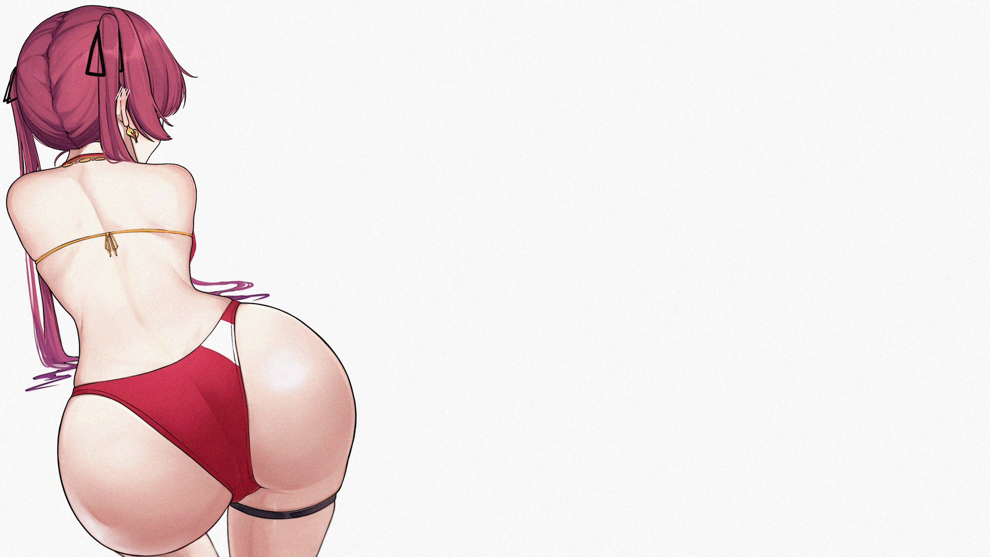 Anime 3256x1832 anime anime girls short hair ecchi ass thighs wide hips bikini red bikini earring redhead white background simple background minimalism twintails bent over Houshou Marine Hololive Virtual Youtuber