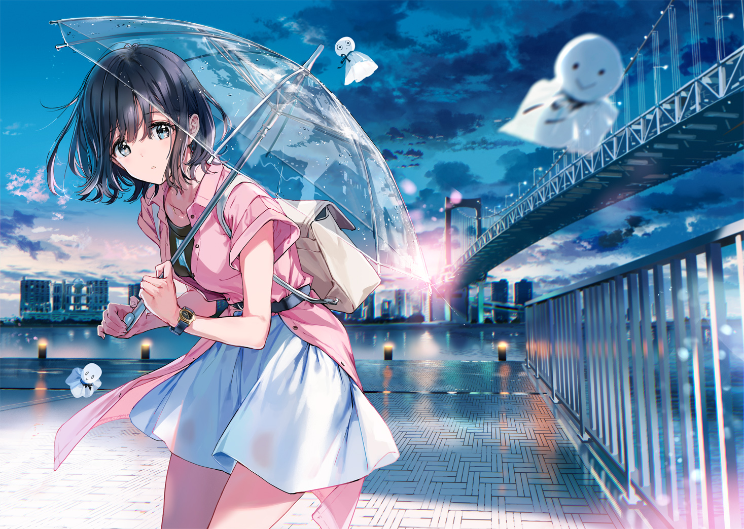 Anime 1467x1044 anime girls umbrella Teru Teru Bozu bridge sky clouds short hair looking at viewer watch city backpacks
