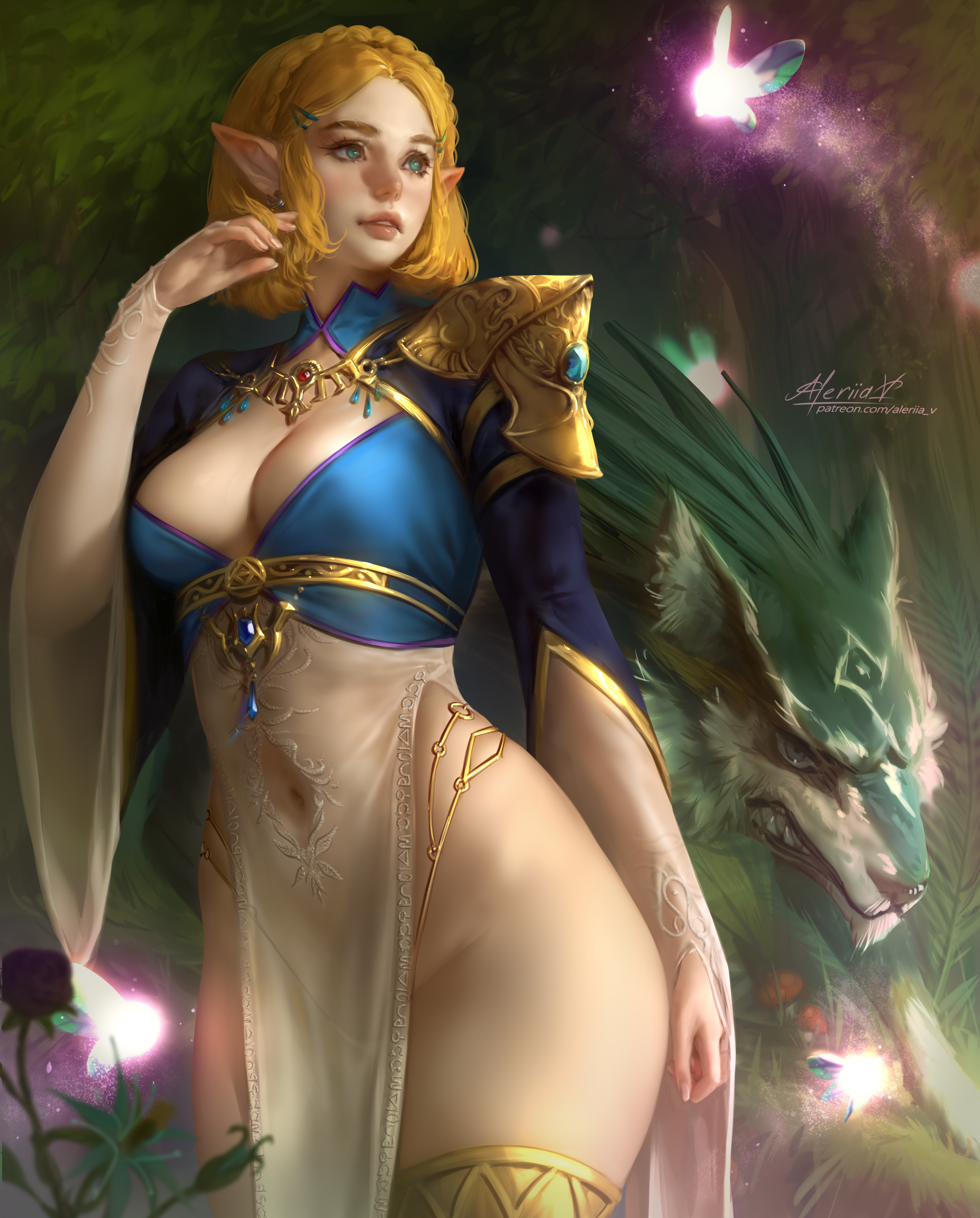 General 4024x5000 Zelda The Legend of Zelda video games video game girls Nintendo video game characters pointy ears artwork drawing fan art Lera Pi portrait display thighs blonde blue eyes wolf animals cleavage boobs