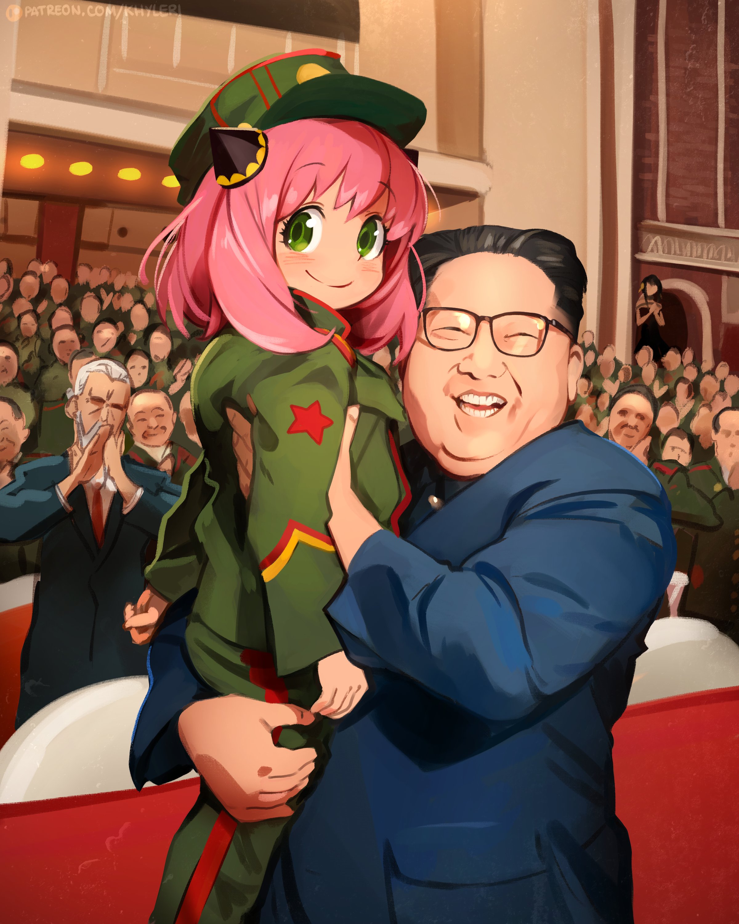 Anime 2400x3000 Anya Forger Yor Forger Asian Military coat suite pink hair green eyes looking at viewer Spy x Family portrait display anime girls smiling glasses hat AI art