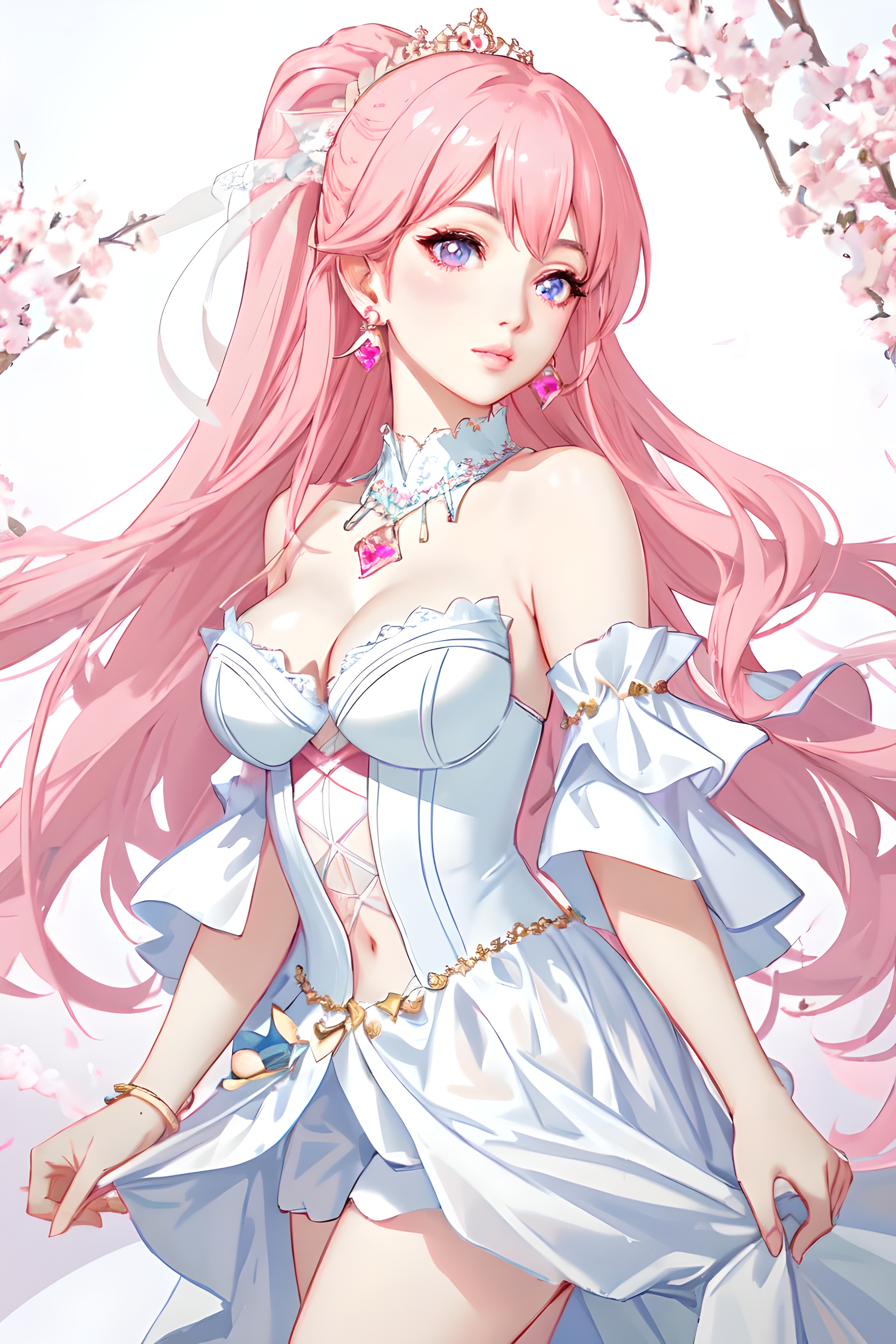 Anime 1920x2880 Naoko Takeuchi style manga anime girls looking at viewer high detail AI art pink hair long hair purple eyes dress white dress big boobs cleavage flowers white background ponytail simple background tiaras belly button bare shoulders choker portrait display earring